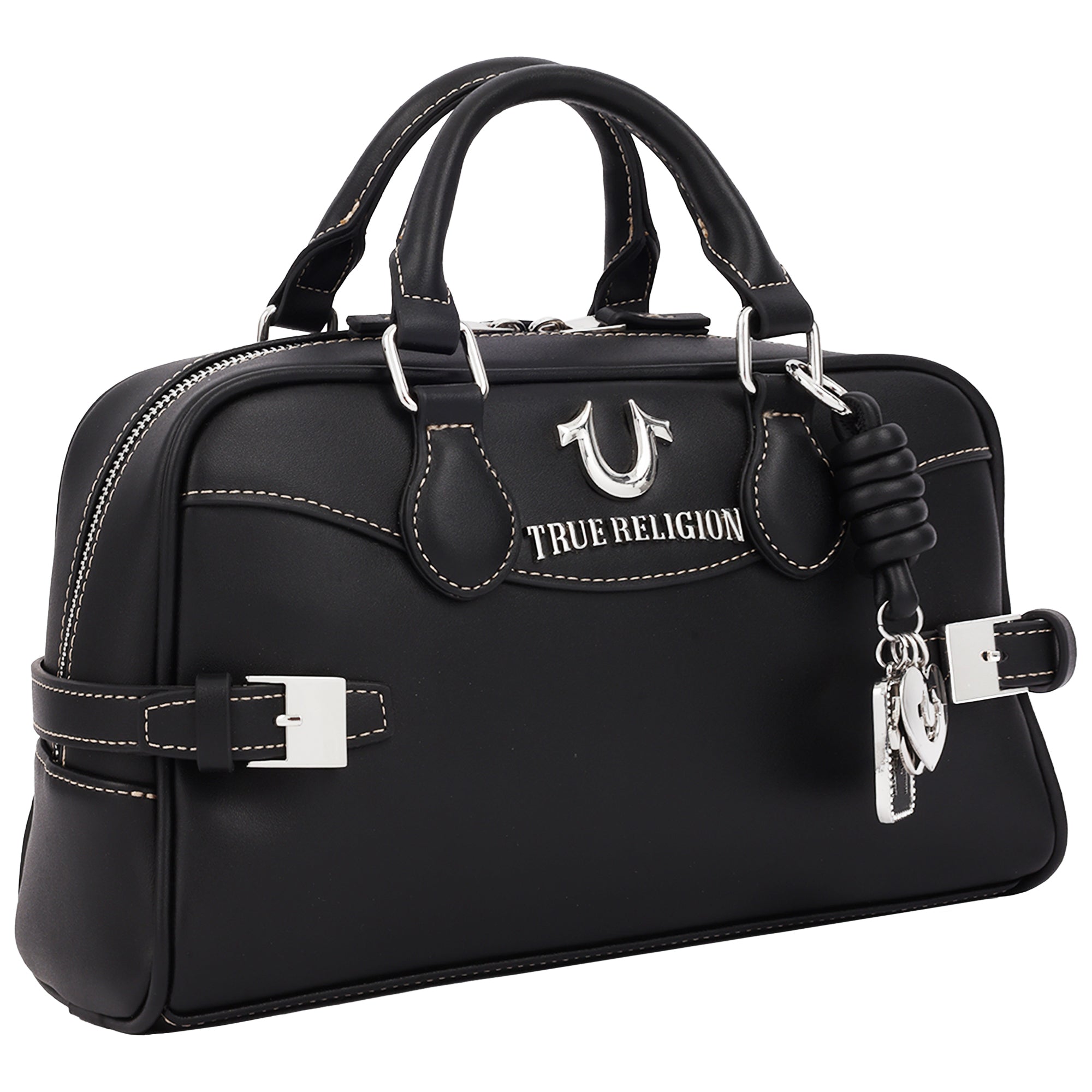 True Religion Brooks Smooth PU Belted Satchel – Women’s Top Handle Satchel with Detachable Crossbody Strap (Black)