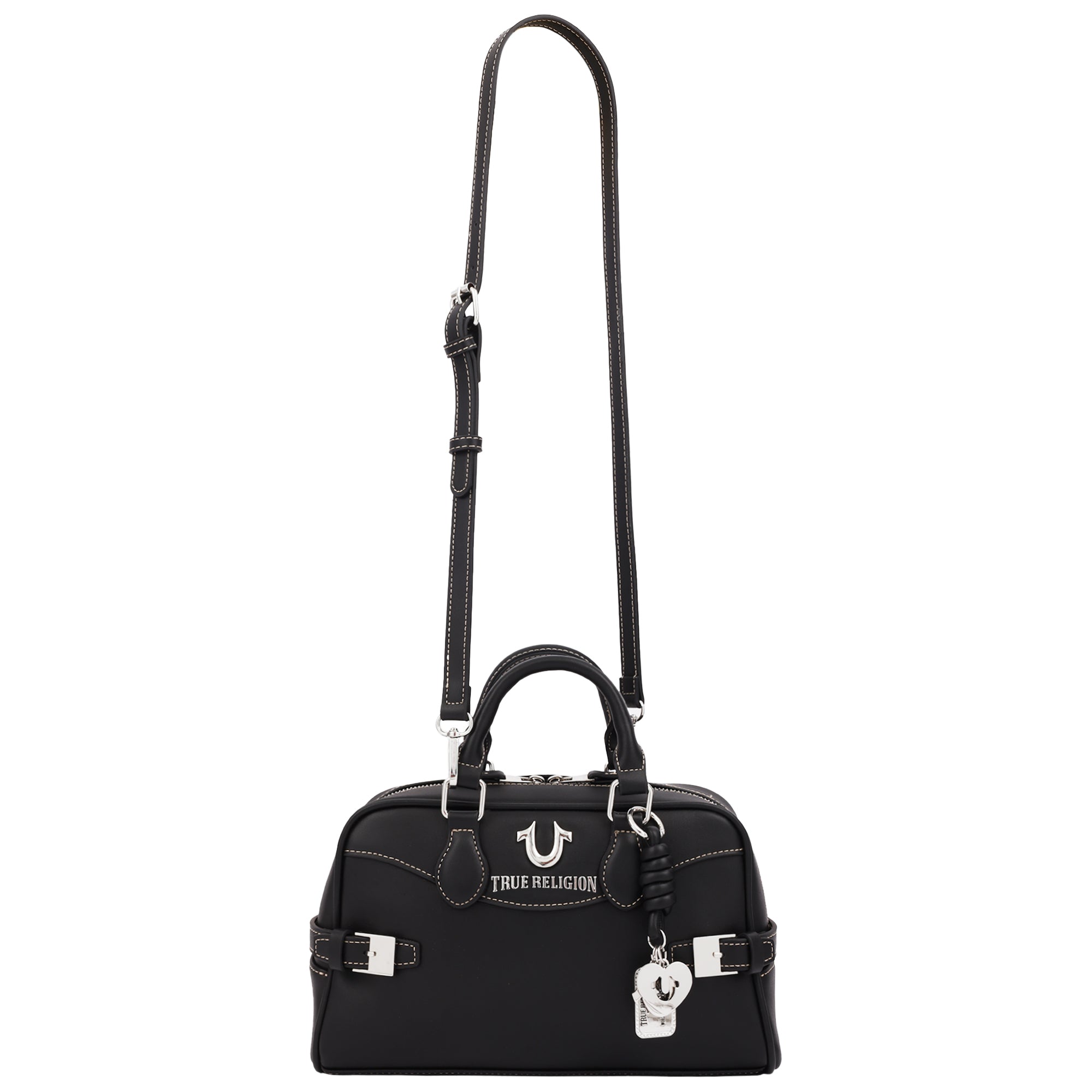 True Religion Brooks Smooth PU Belted Satchel – Women’s Top Handle Satchel with Detachable Crossbody Strap (Black)