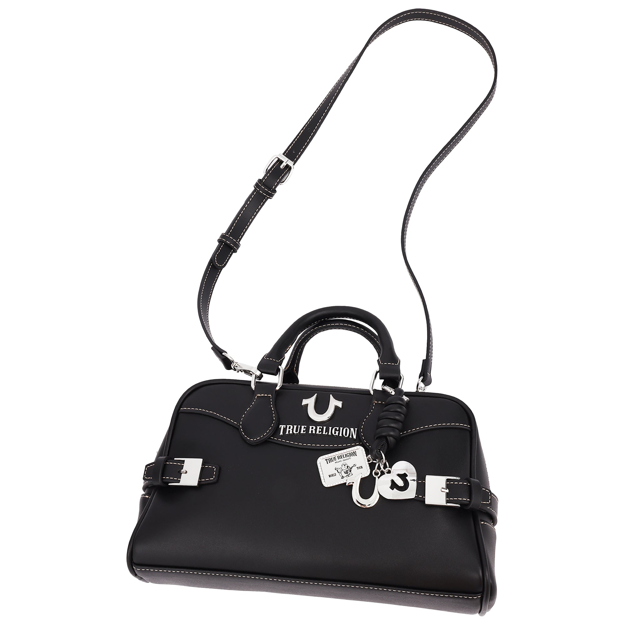 True Religion Brooks Smooth PU Belted Satchel – Women’s Top Handle Satchel with Detachable Crossbody Strap (Black)