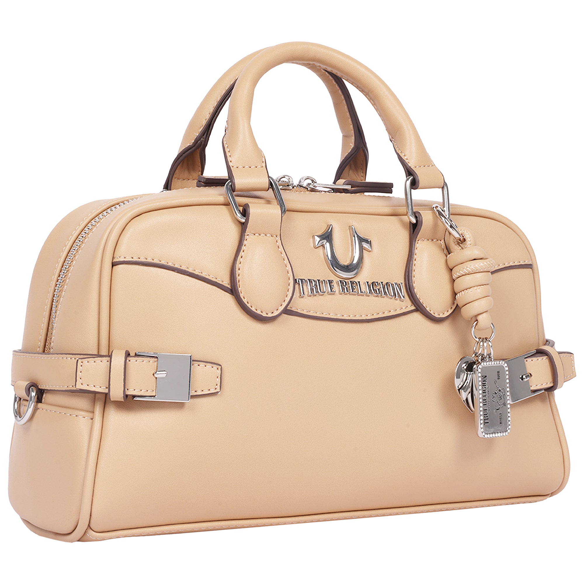 True Religion Brooks Smooth PU Belted Satchel – Women’s Top Handle Satchel with Detachable Crossbody Strap (Tan)