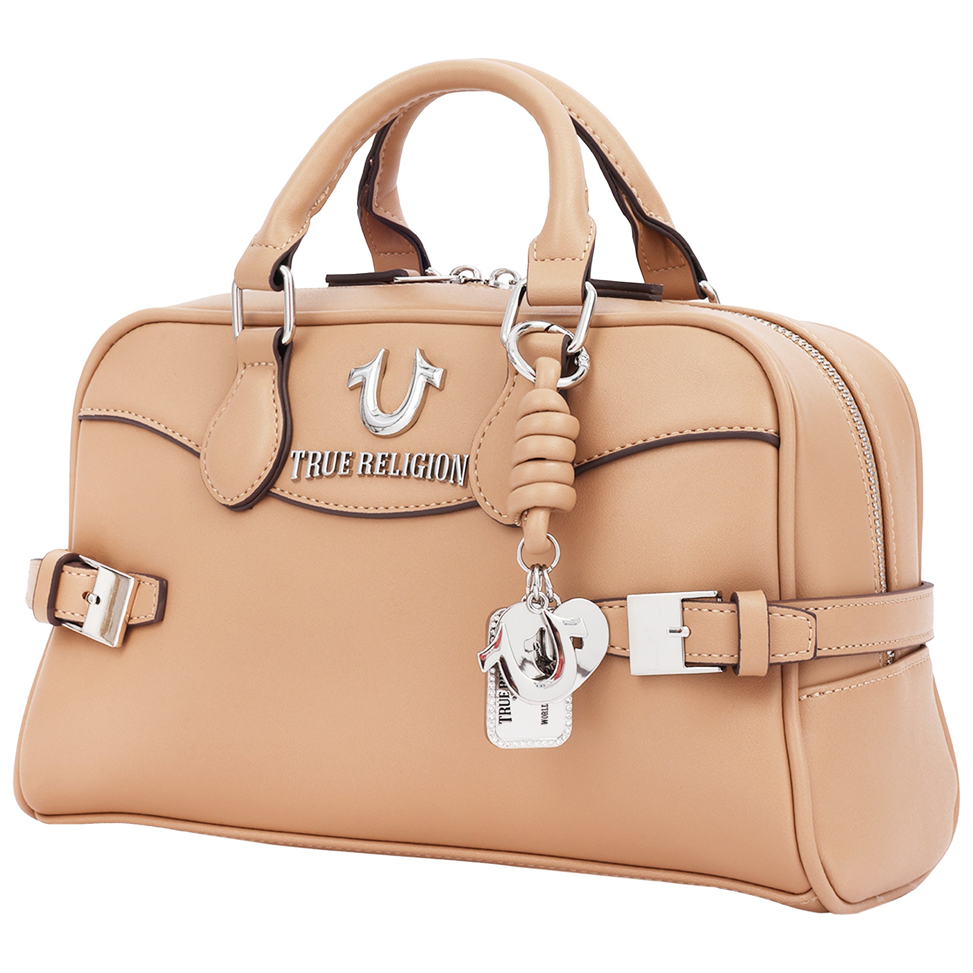 True Religion Brooks Smooth PU Belted Satchel – Women’s Top Handle Satchel with Detachable Crossbody Strap (Tan)