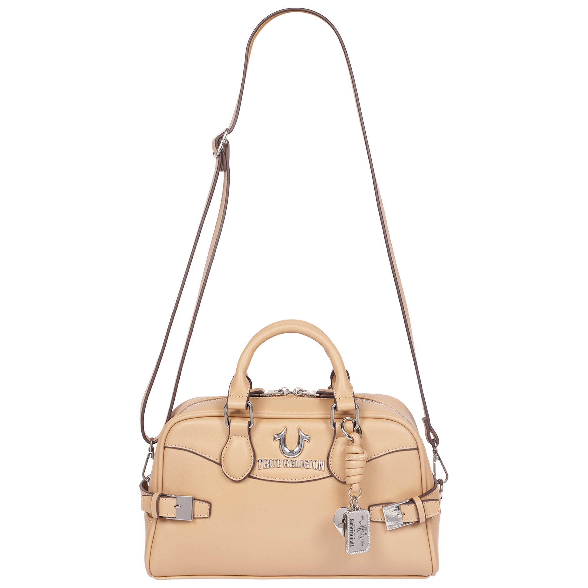 True Religion Brooks Smooth PU Belted Satchel – Women’s Top Handle Satchel with Detachable Crossbody Strap (Tan)