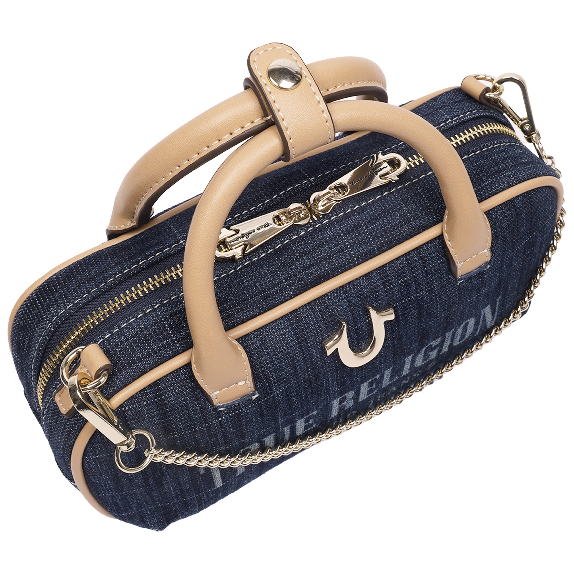 True Religion Bentley Denim & PU Mini Satchel – Women’s Top Handle Crossbody Handbag with Chain Detail (Dark Denim)