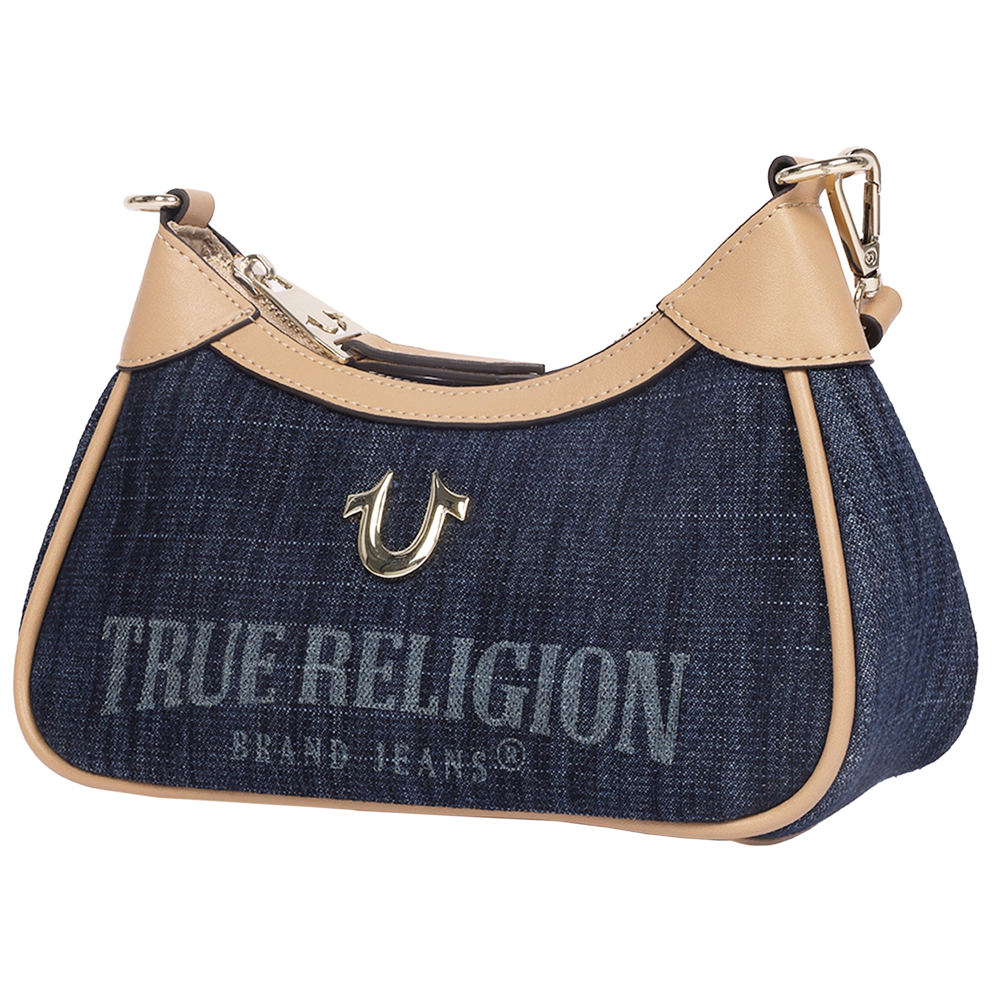 True Religion Blair Denim & PU Shoulder Bag – Logo Denim Mini Shoulder Bag with Detachable Strap (Dark Denim)
