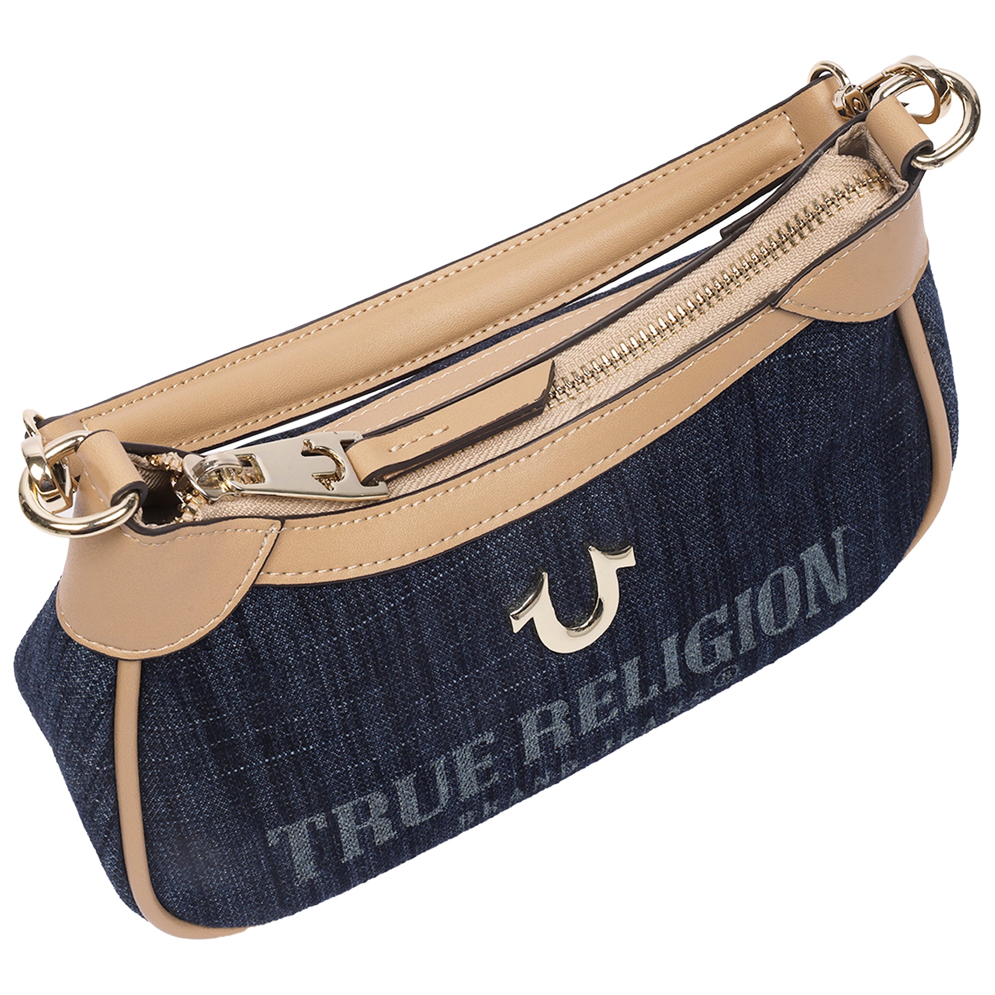 True Religion Blair Denim & PU Shoulder Bag – Logo Denim Mini Shoulder Bag with Detachable Strap (Dark Denim)
