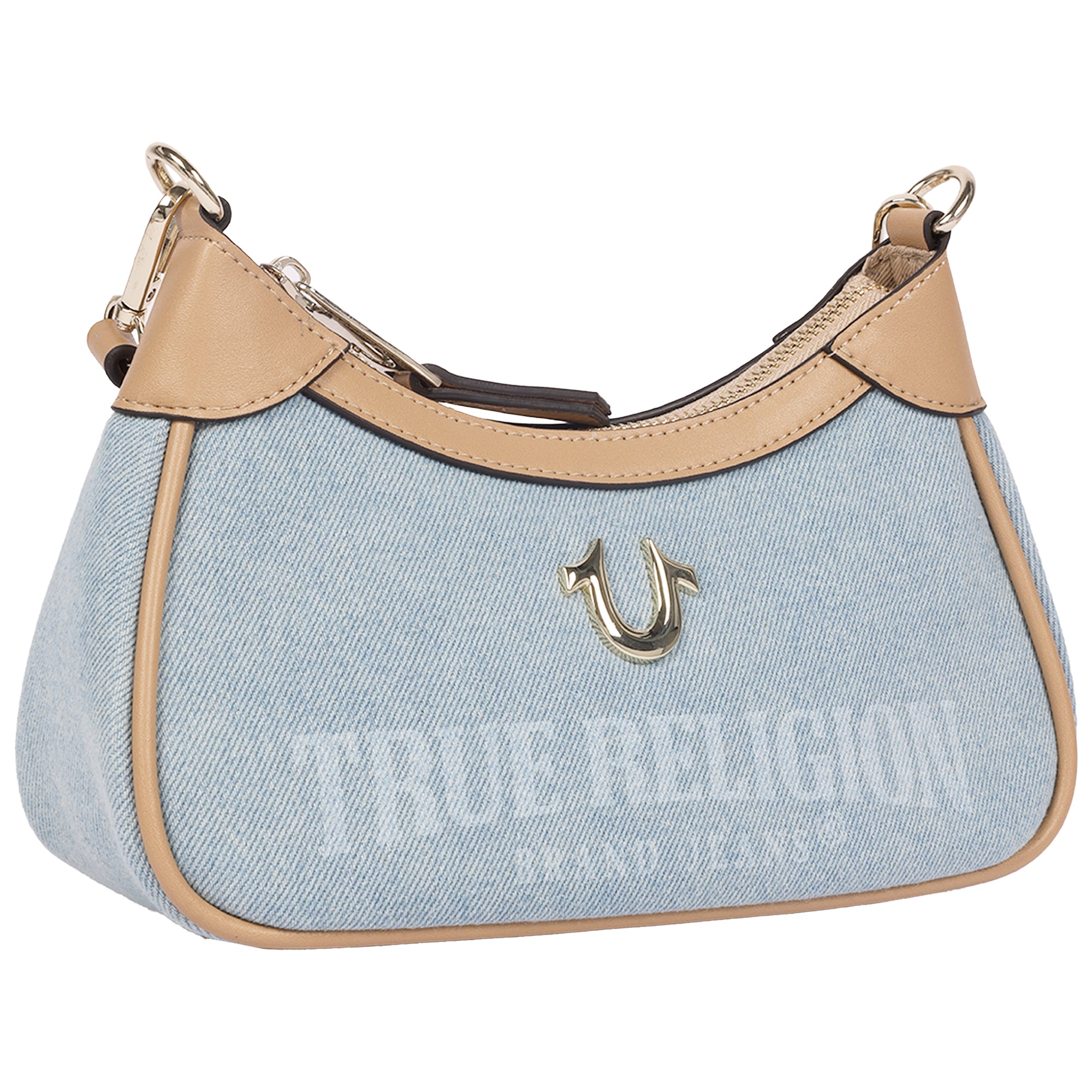 True Religion Blair Denim & PU Shoulder Bag – Logo Denim Mini Shoulder Bag with Detachable Strap (Denim)