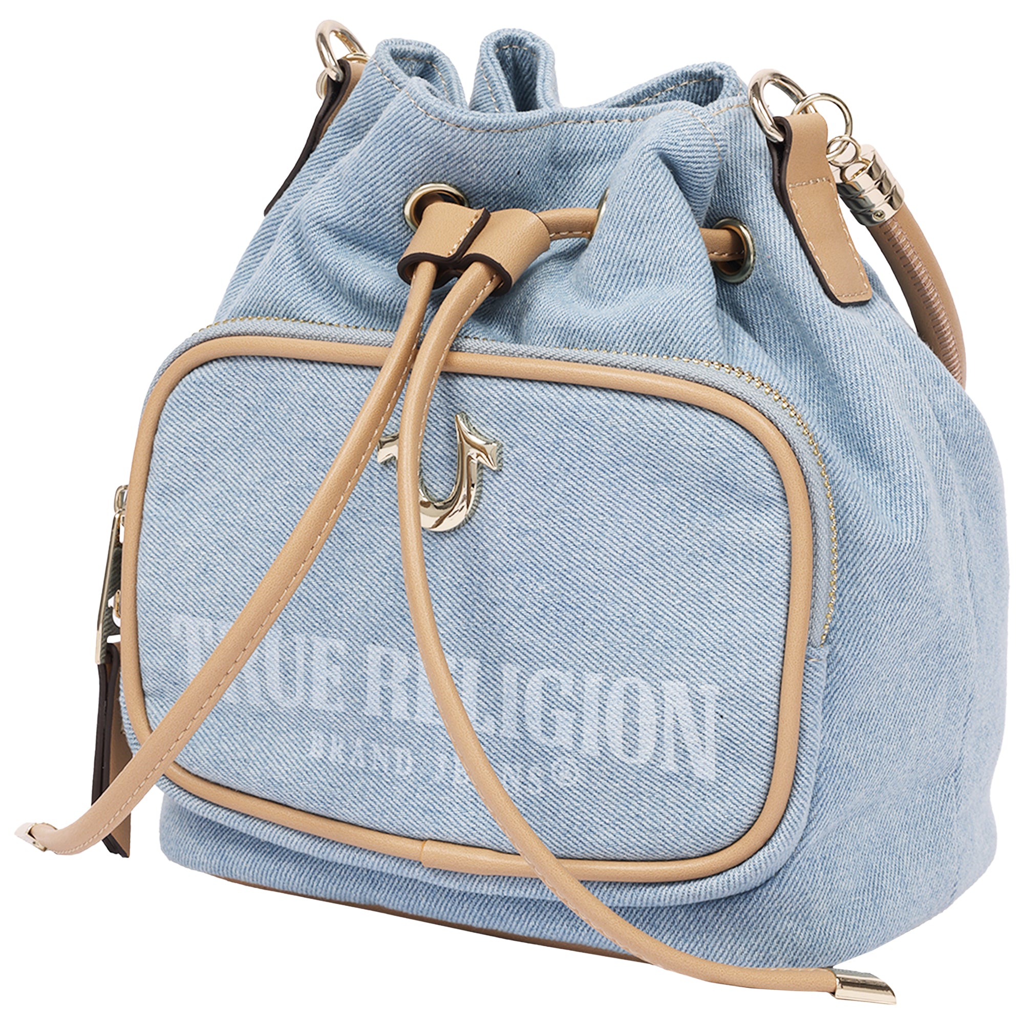 True Religion Bryce Denim & PU Bucket Bag – Women’s Designer Drawstring Bucket Handbag with Crossbody Strap (Denim)