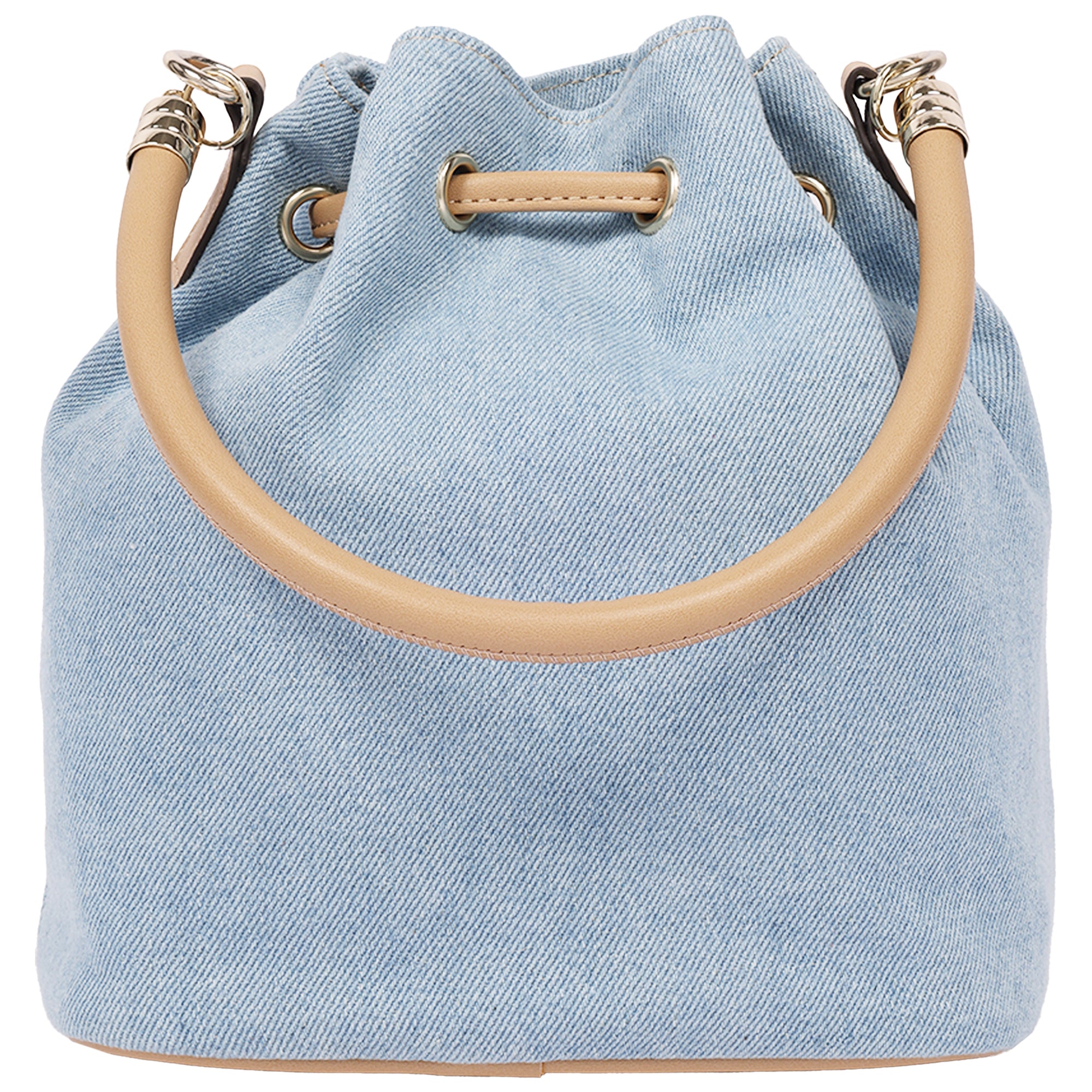 True Religion Bryce Denim & PU Bucket Bag – Women’s Designer Drawstring Bucket Handbag with Crossbody Strap (Denim)