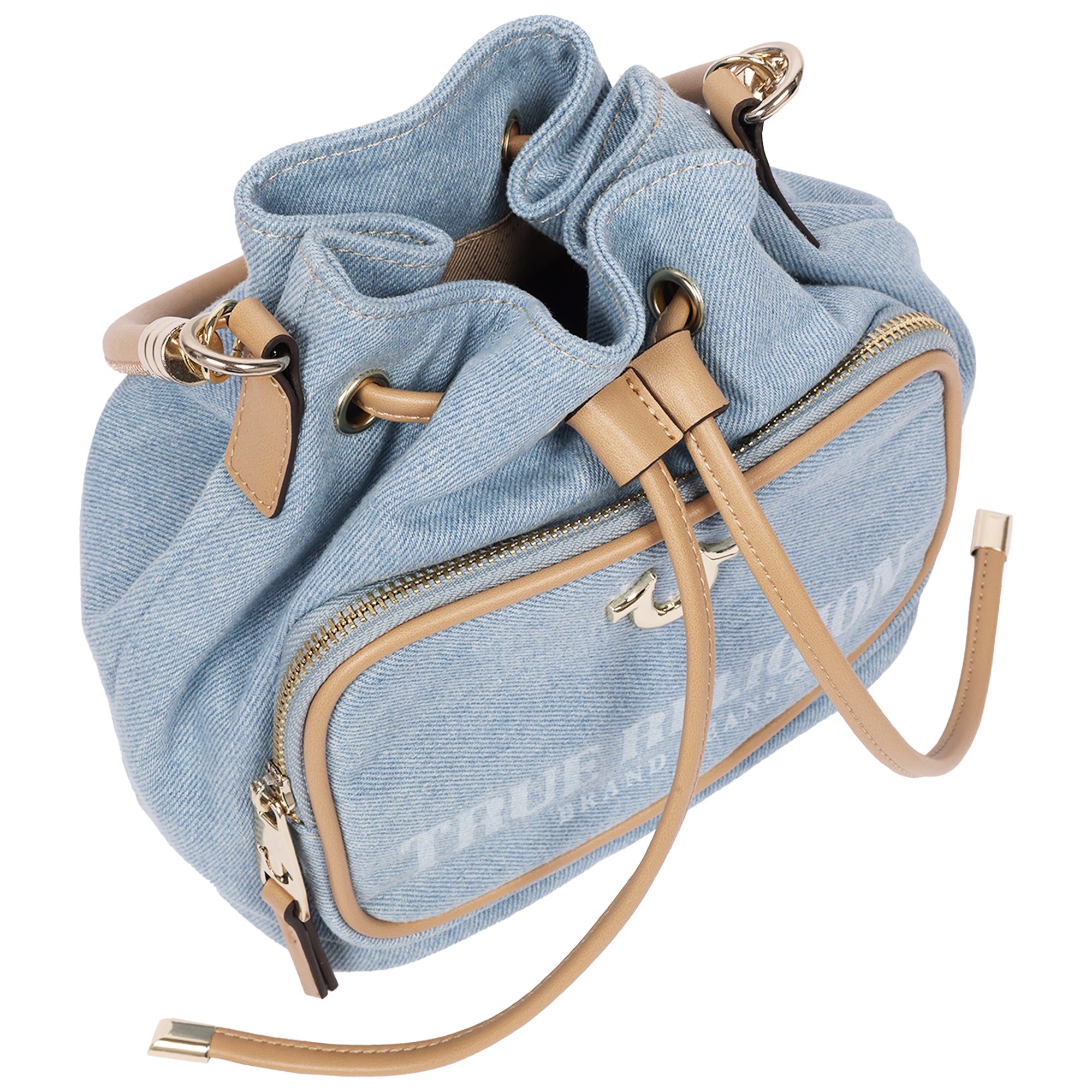 True Religion Bryce Denim & PU Bucket Bag – Women’s Designer Drawstring Bucket Handbag with Crossbody Strap (Denim)