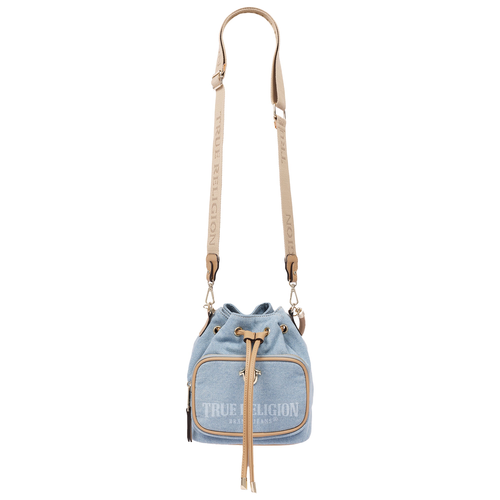 True Religion Bryce Denim & PU Bucket Bag – Women’s Designer Drawstring Bucket Handbag with Crossbody Strap (Denim)
