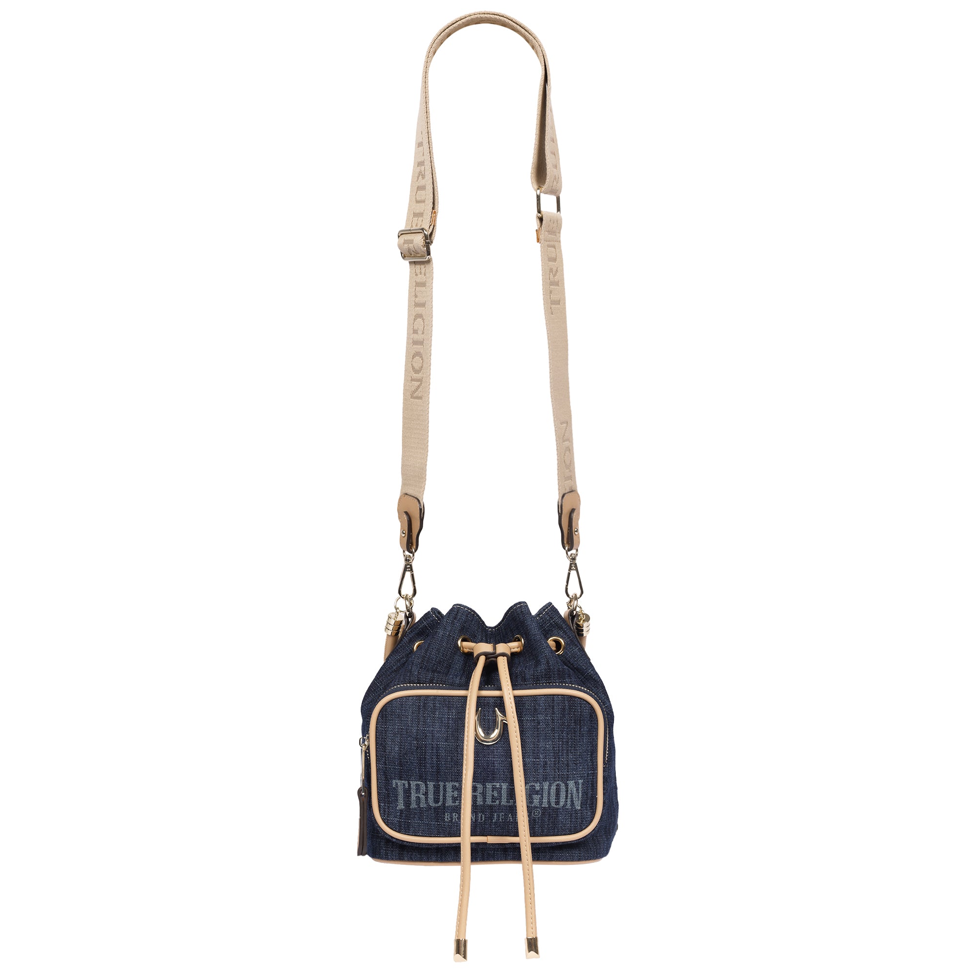 True Religion Bryce Denim & PU Bucket Bag – Women’s Designer Drawstring Bucket Handbag with Crossbody Strap (Dark Denim)