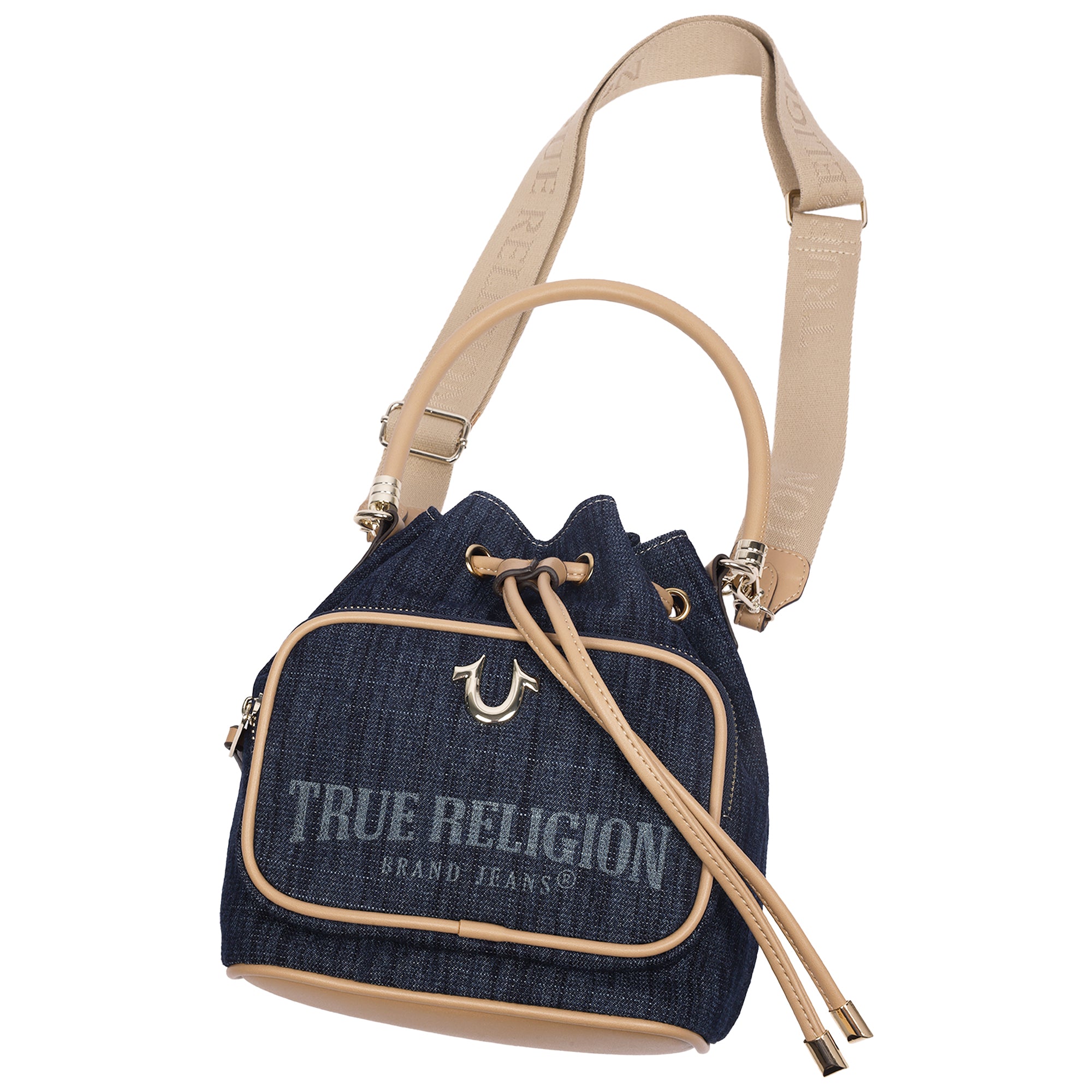 True Religion Bryce Denim & PU Bucket Bag – Women’s Designer Drawstring Bucket Handbag with Crossbody Strap (Dark Denim)