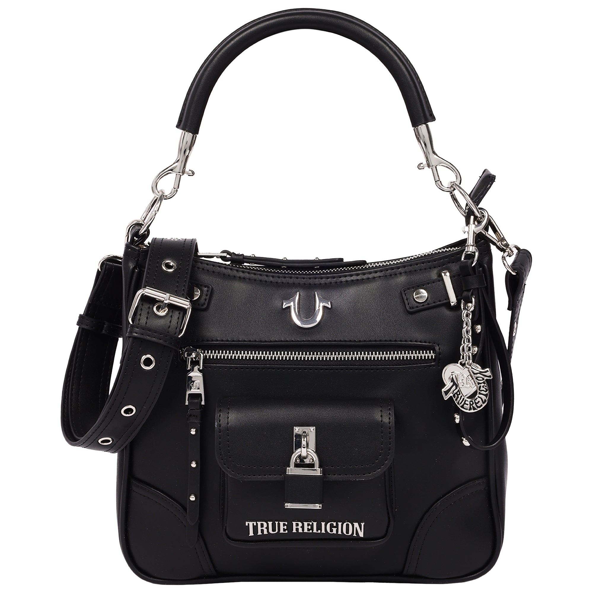 True Religion Moto Zip Top Hobo Bag with Lock Pocket Charm – Convertible Shoulder & Crossbody Purse