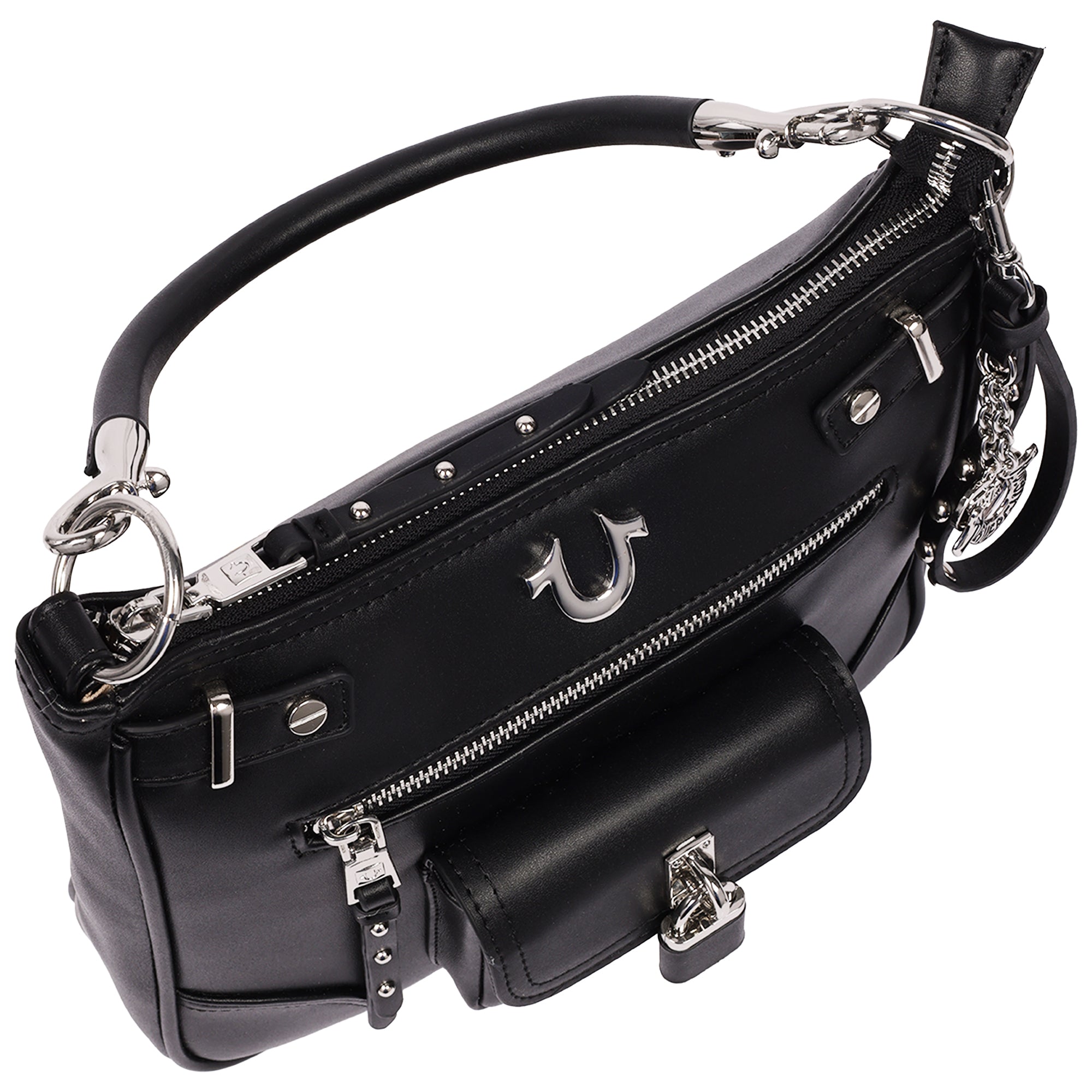 True Religion Moto Zip Top Hobo Bag with Lock Pocket Charm – Convertible Shoulder & Crossbody Purse