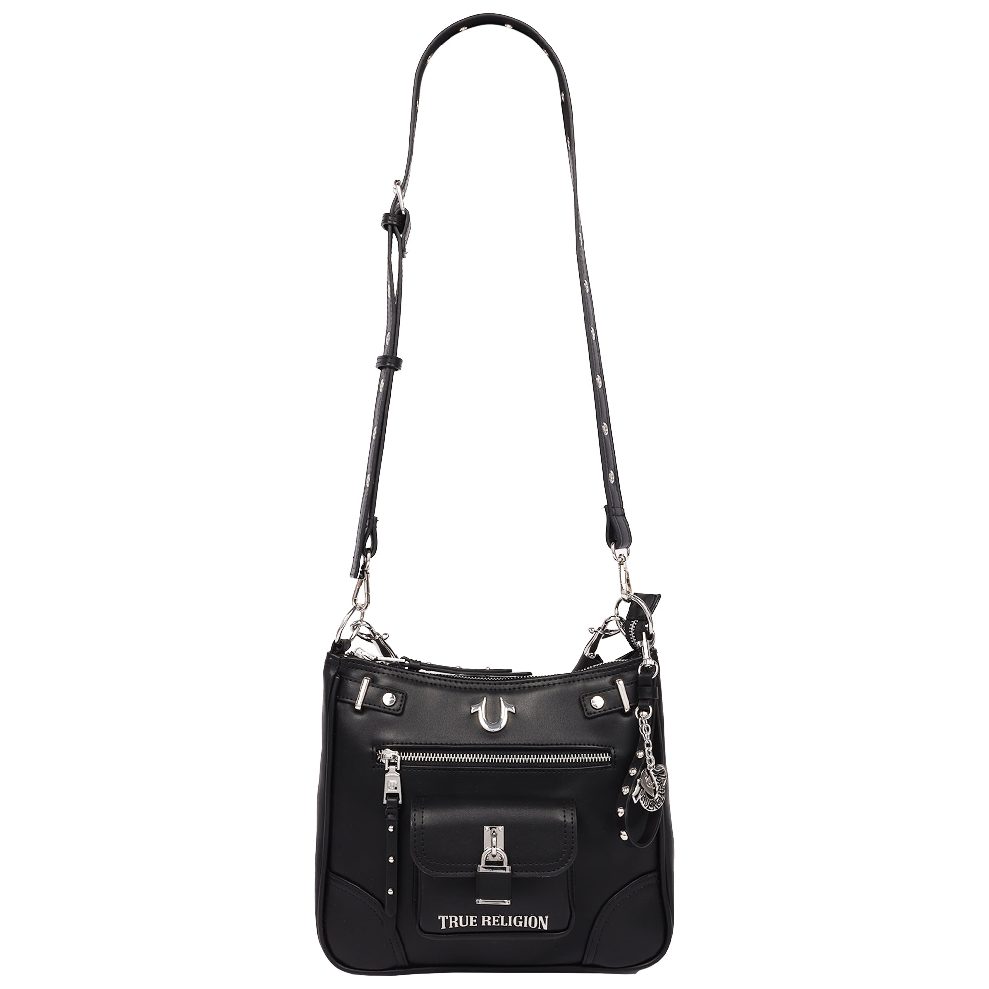 True Religion Moto Zip Top Hobo Bag with Lock Pocket Charm – Convertible Shoulder & Crossbody Purse