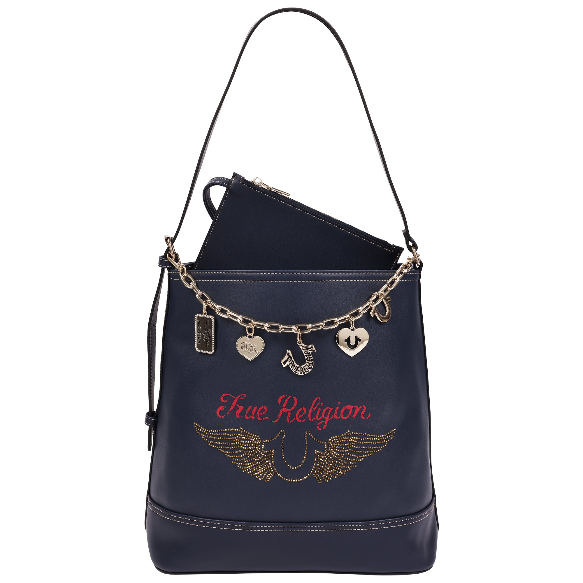 True Religion Chain Moto PU Bucket Bag with Charm Chain and Removable Zip Pouch