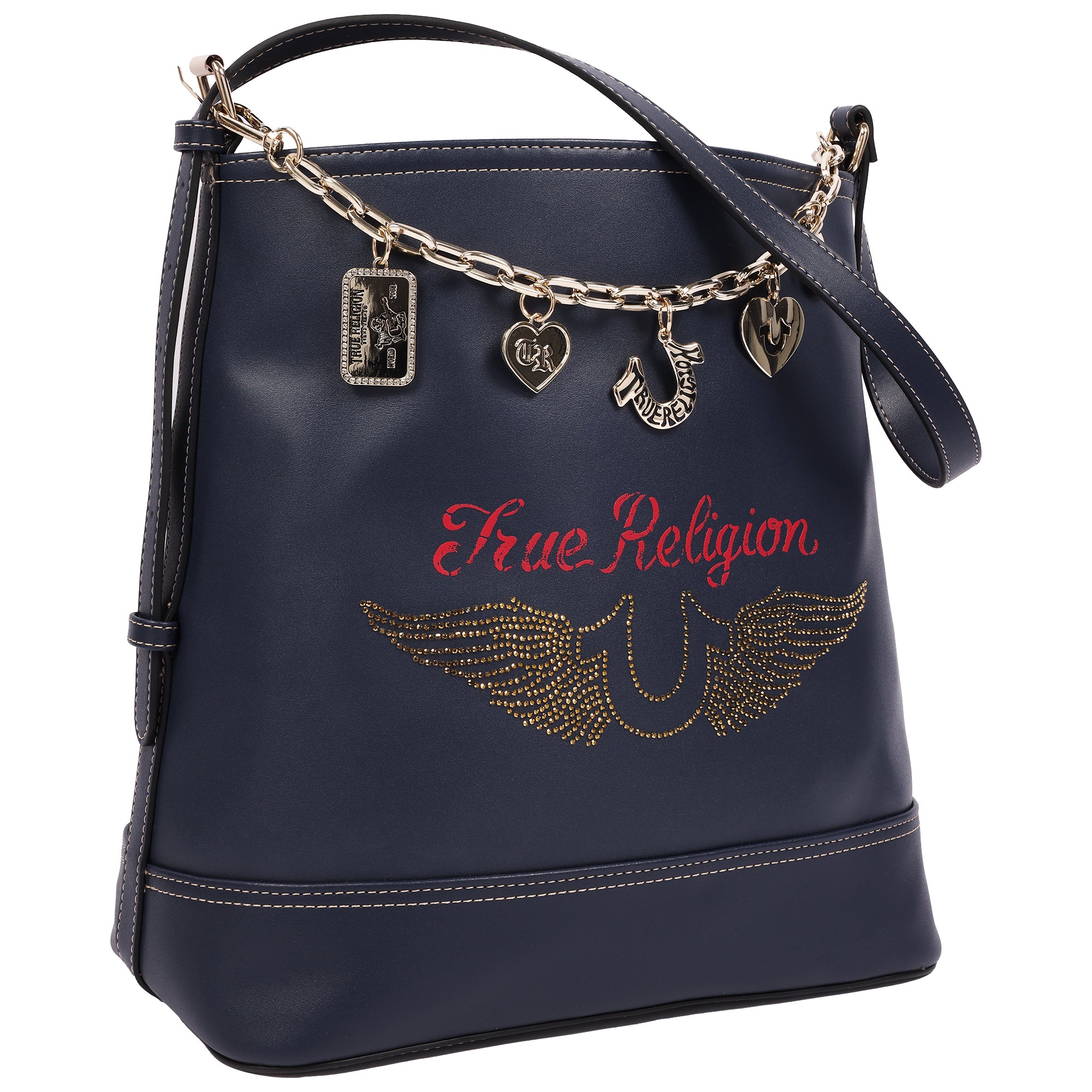 True Religion Chain Moto PU Bucket Bag with Charm Chain and Removable Zip Pouch