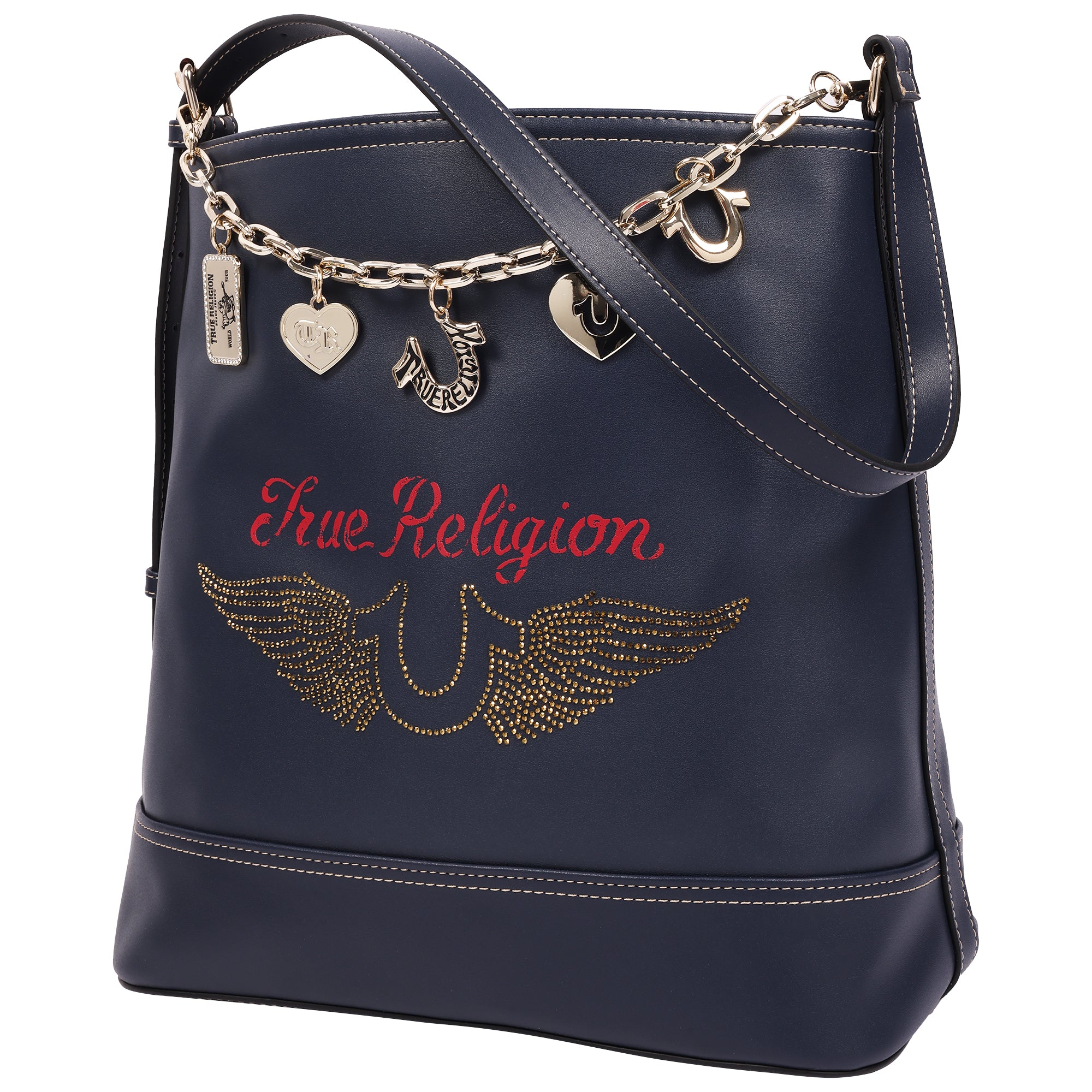 True Religion Chain Moto PU Bucket Bag with Charm Chain and Removable Zip Pouch