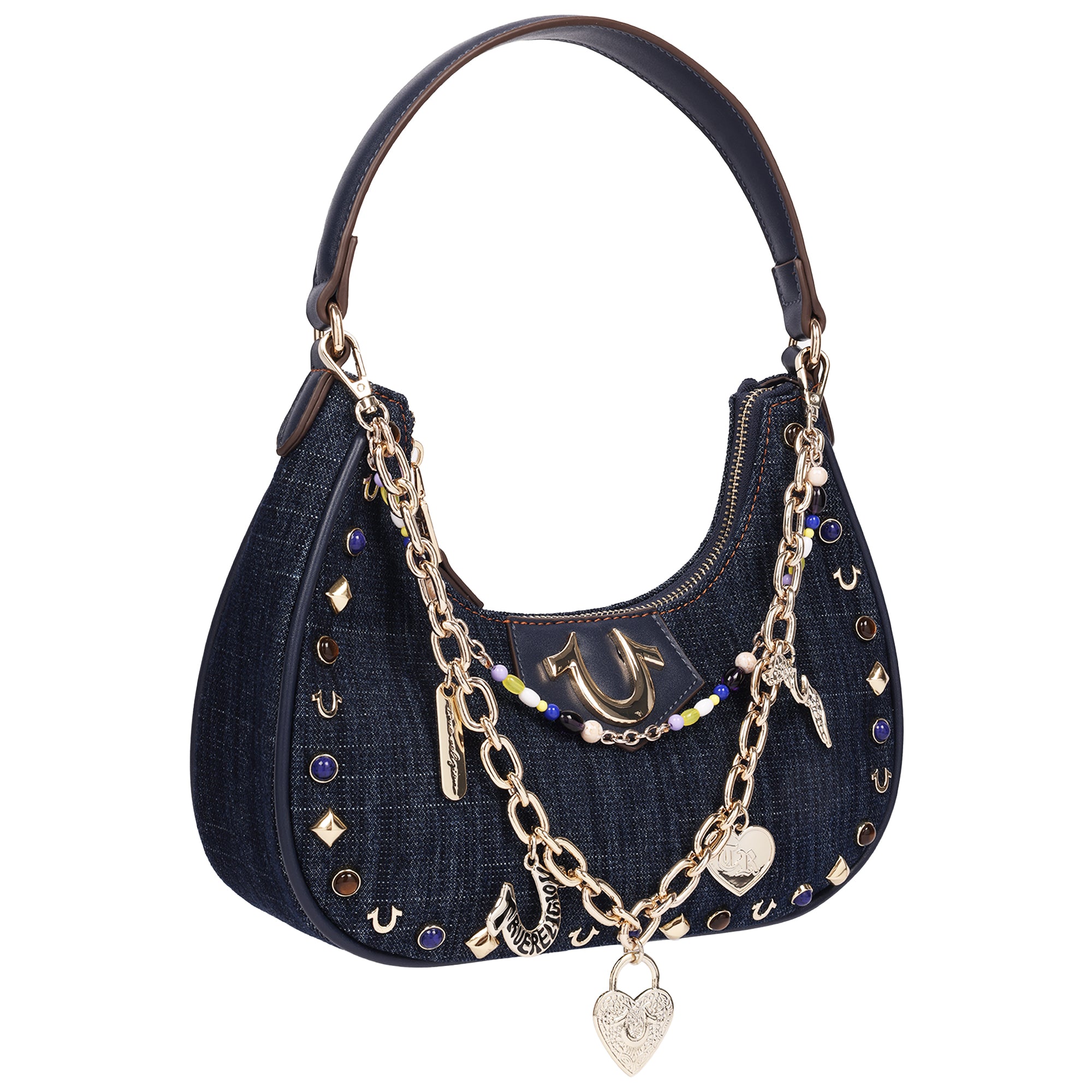 True Religion Studded Denim Shoulder Bag with Removable Charm Chain