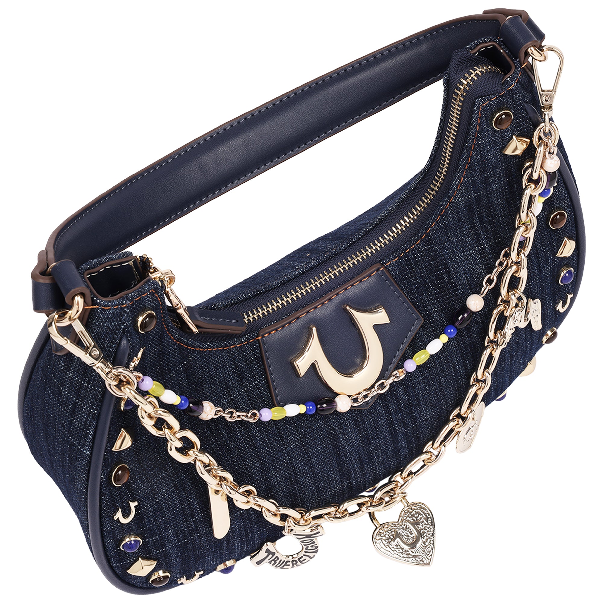 True Religion Studded Denim Shoulder Bag with Removable Charm Chain