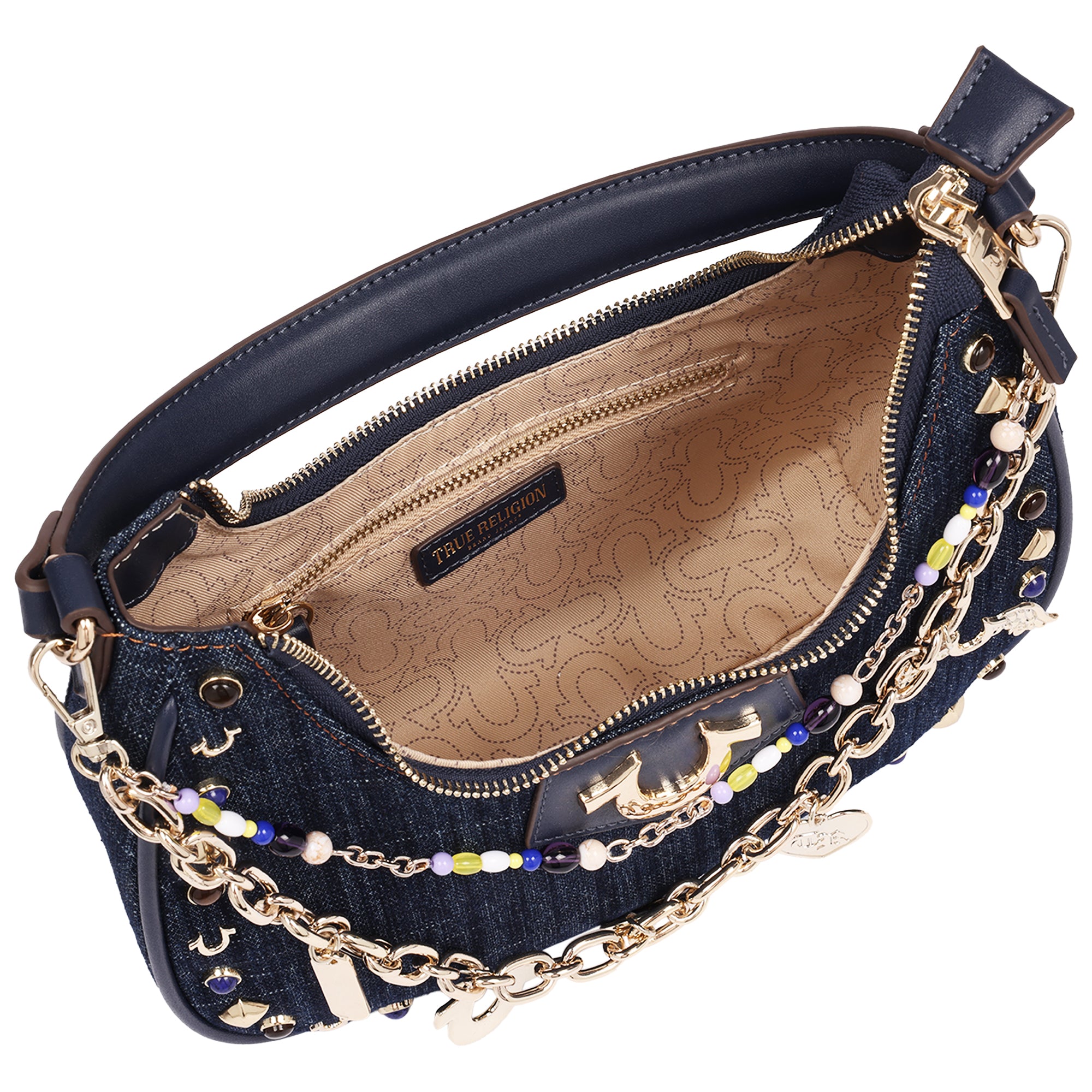 True Religion Studded Denim Shoulder Bag with Removable Charm Chain