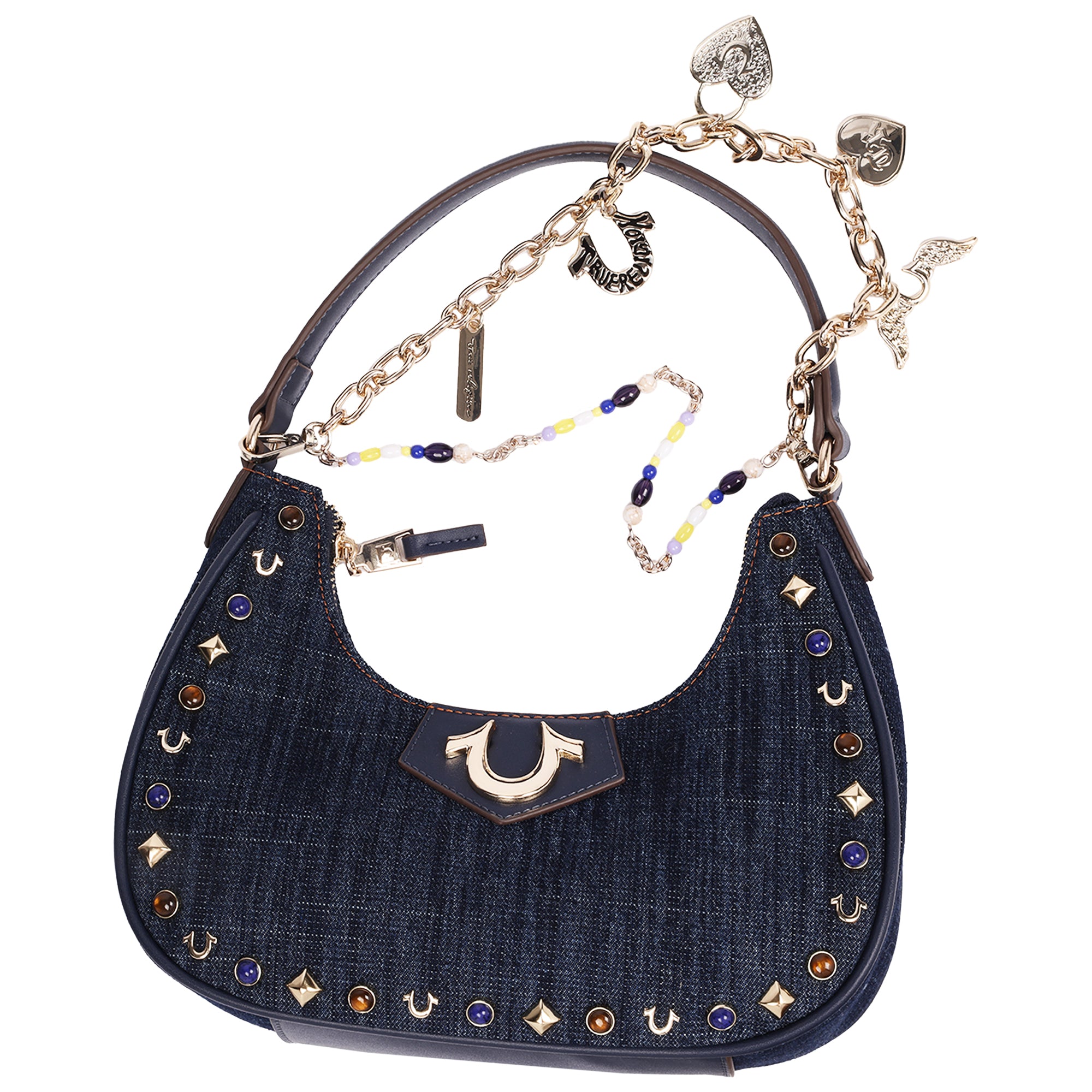 True Religion Studded Denim Shoulder Bag with Removable Charm Chain
