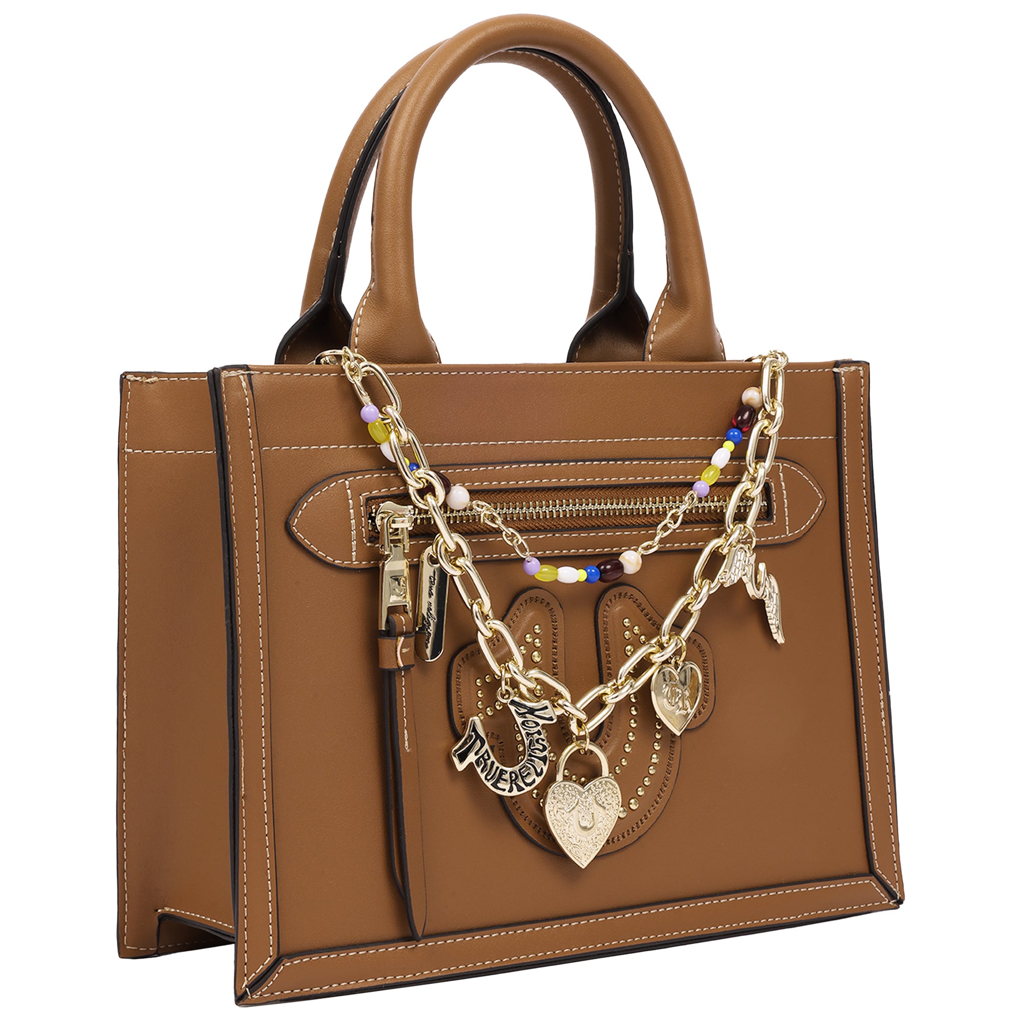True Religion Vintage Chain Modern Tote Bag with Horseshoe Appliqué & Charms