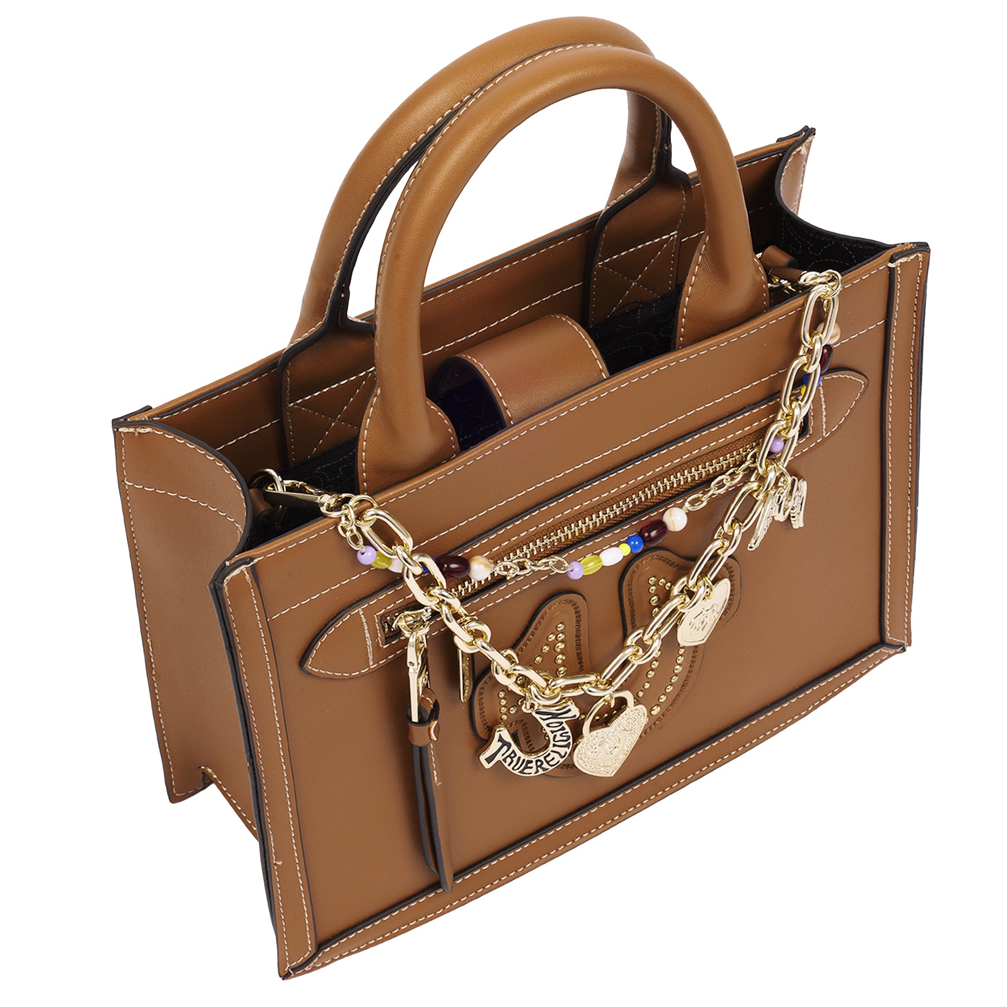 True Religion Vintage Chain Modern Tote Bag with Horseshoe Appliqué & Charms