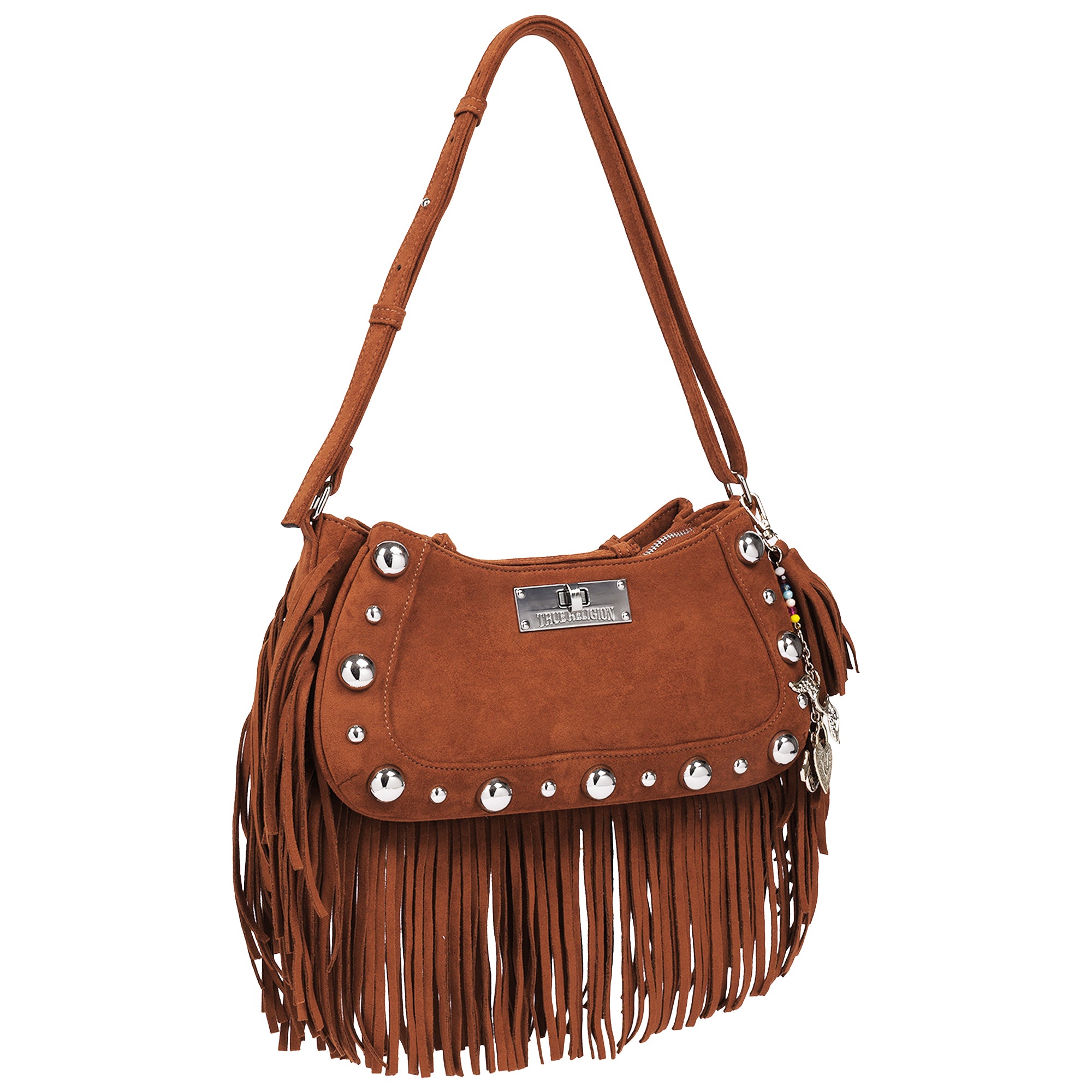 True Religion Vintage Dangle Fringe Hobo Bag with Studded Trim and Charm Accents