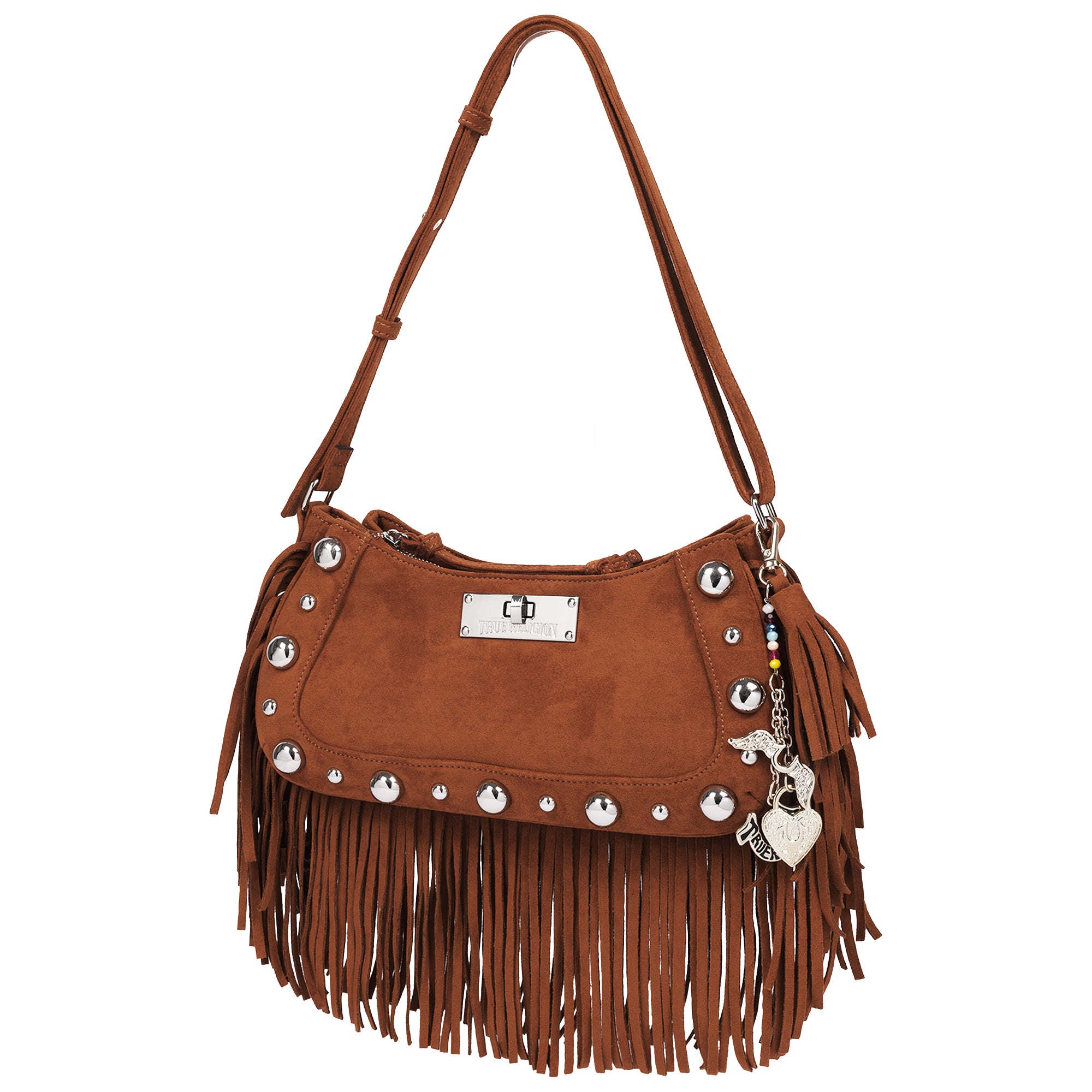True Religion Vintage Dangle Fringe Hobo Bag with Studded Trim and Charm Accents