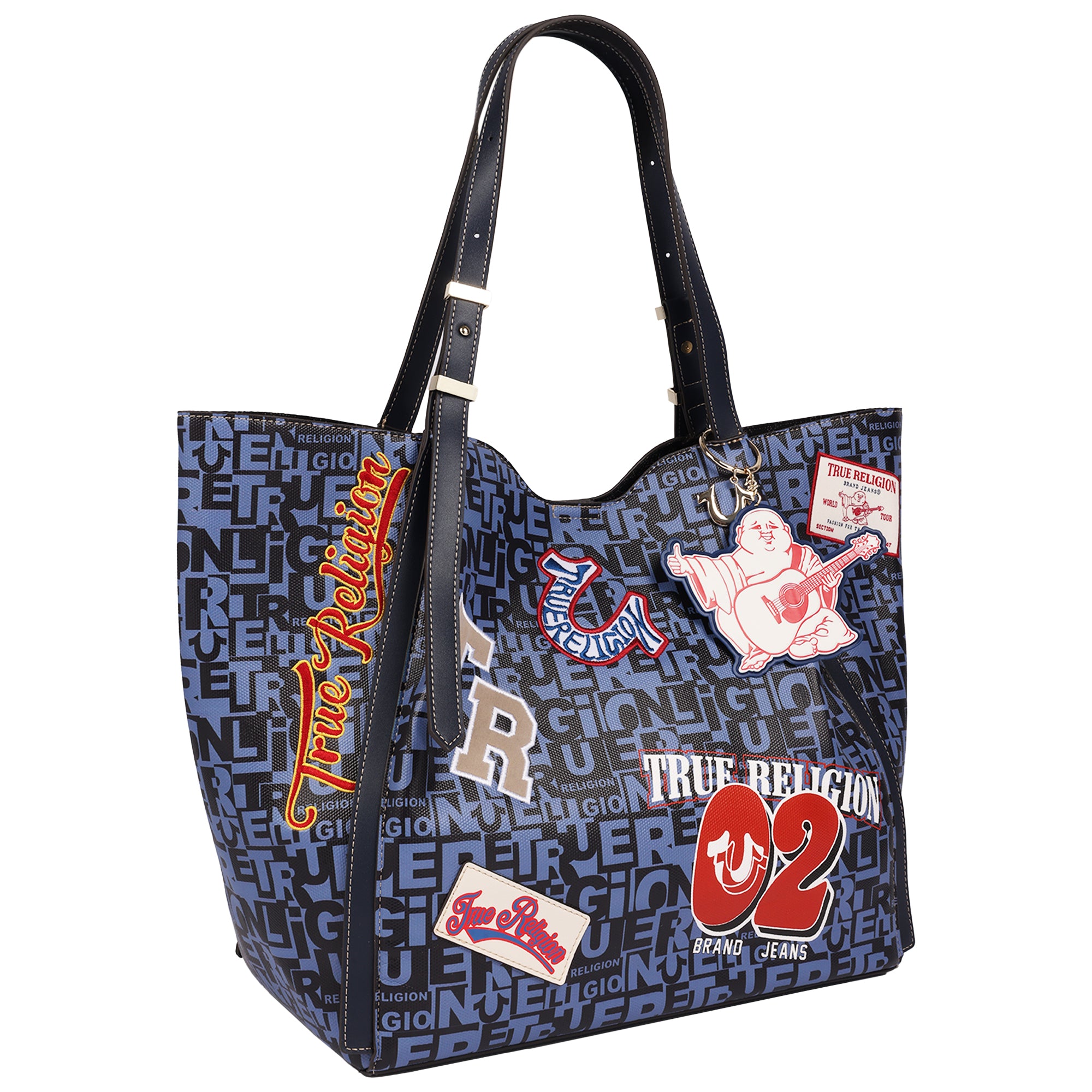 True Religion Multi Patch Graphic Tote Bag with Buddha Charm and Adjustable Shoulder Straps