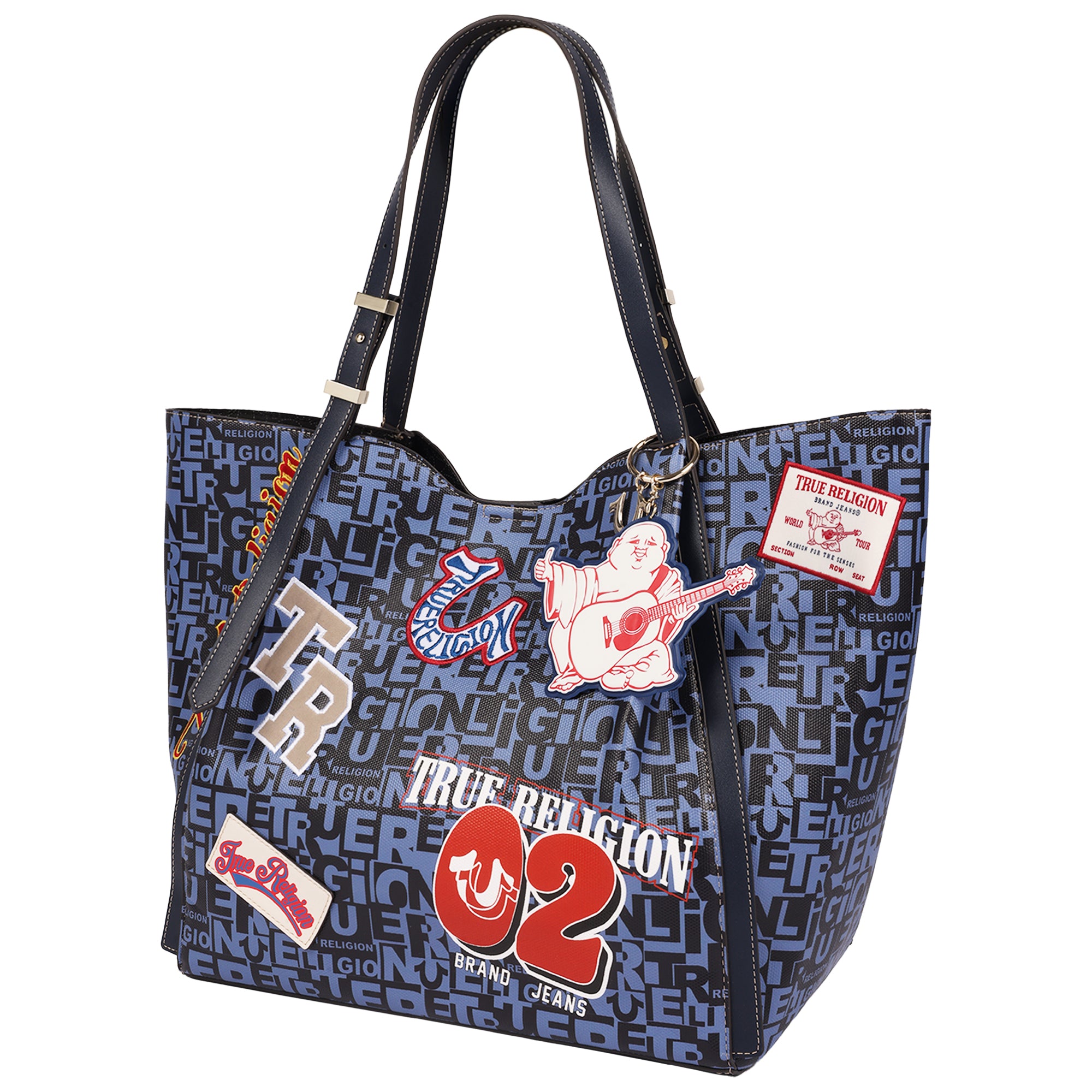 True Religion Multi Patch Graphic Tote Bag with Buddha Charm and Adjustable Shoulder Straps