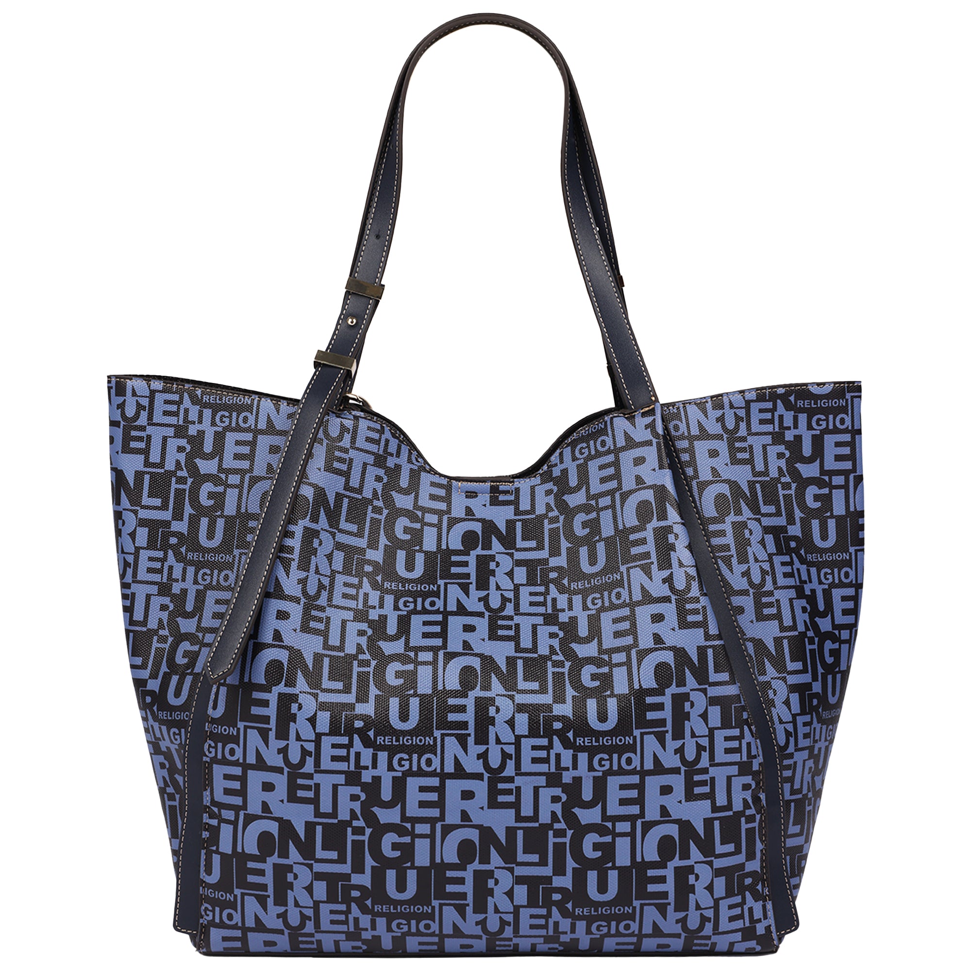 True Religion Multi Patch Graphic Tote Bag with Buddha Charm and Adjustable Shoulder Straps