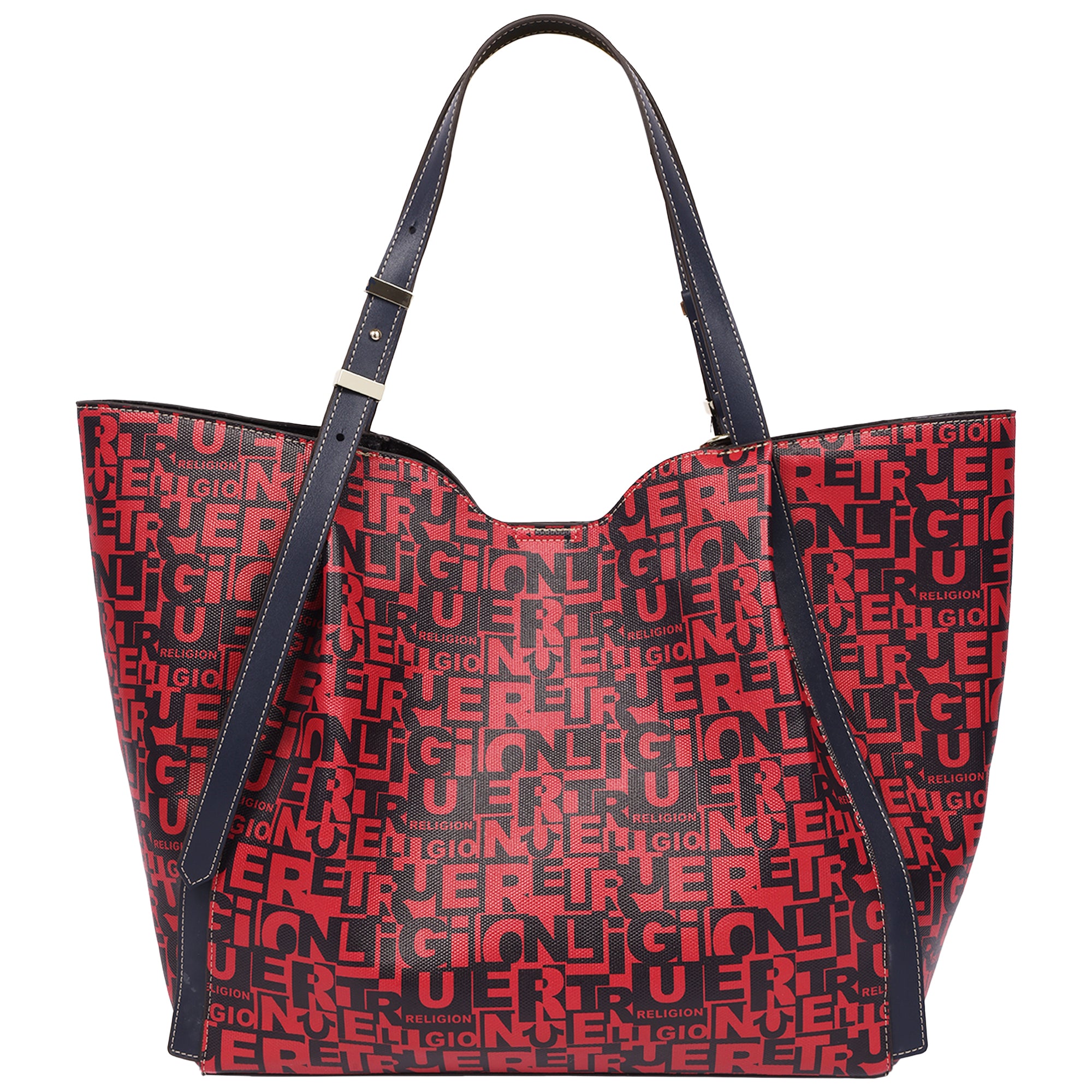 True Religion Multi Patch Graphic Tote Bag with Buddha Charm and Adjustable Shoulder Straps