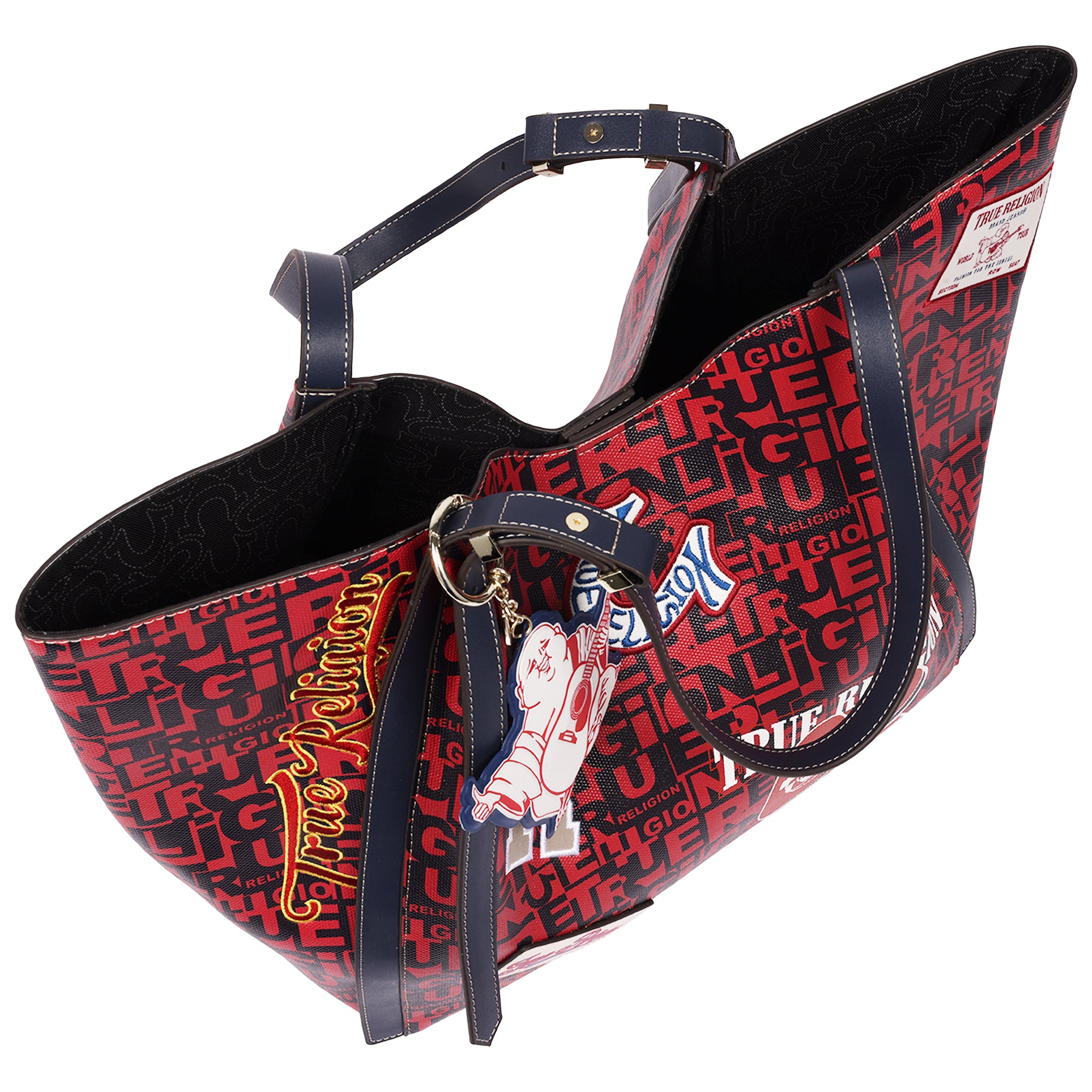 True Religion Multi Patch Graphic Tote Bag with Buddha Charm and Adjustable Shoulder Straps