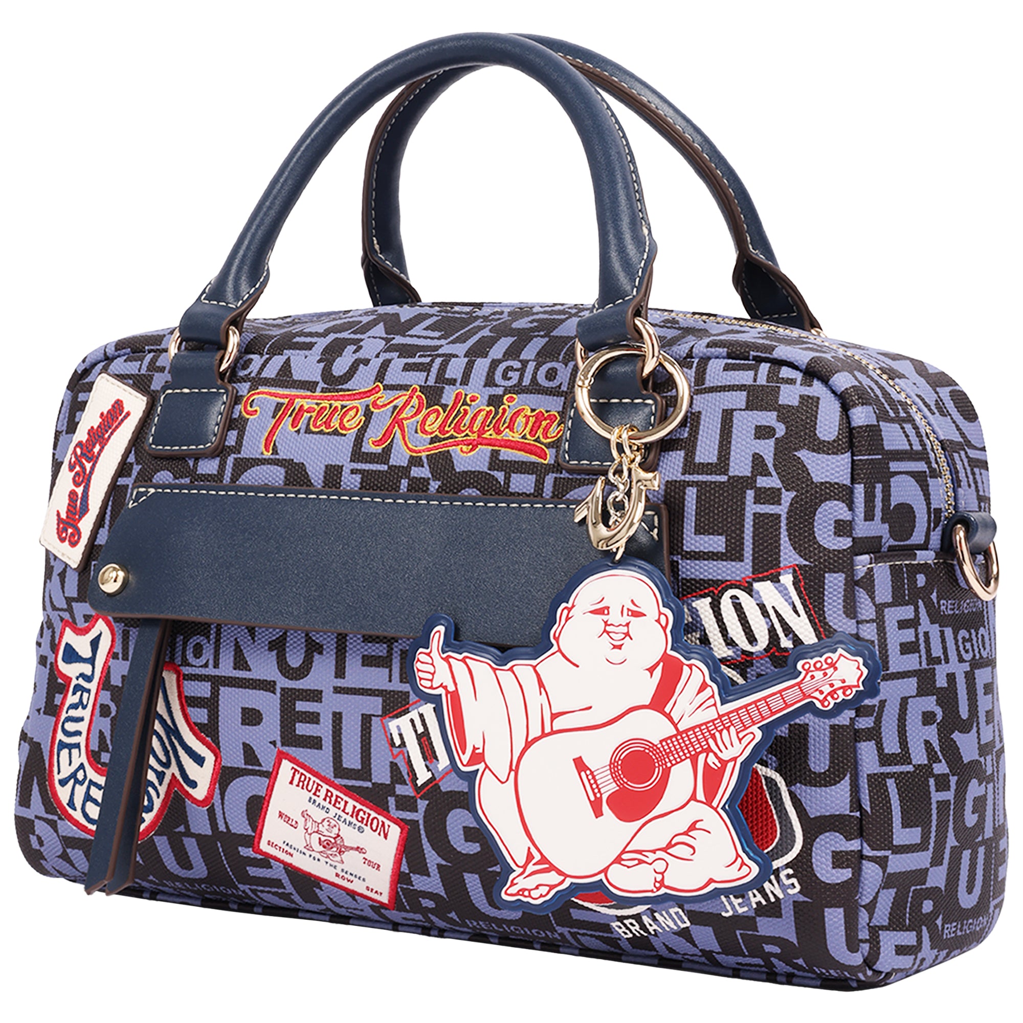 True Religion Multi Patch Graphic Satchel Bag with Detachable Guitar Buddha Charm – Convertible Crossbody Handbag