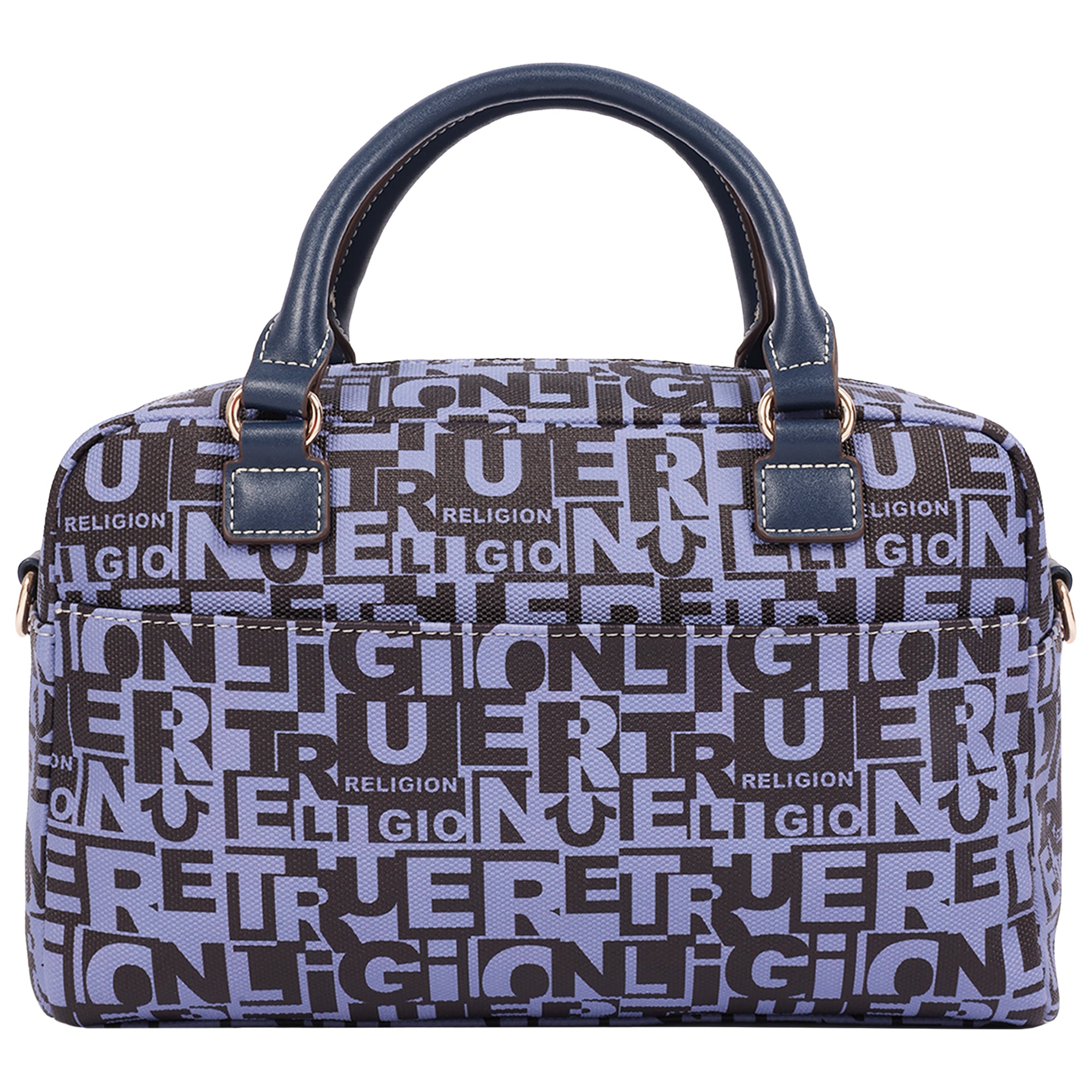 True Religion Multi Patch Graphic Satchel Bag with Detachable Guitar Buddha Charm – Convertible Crossbody Handbag