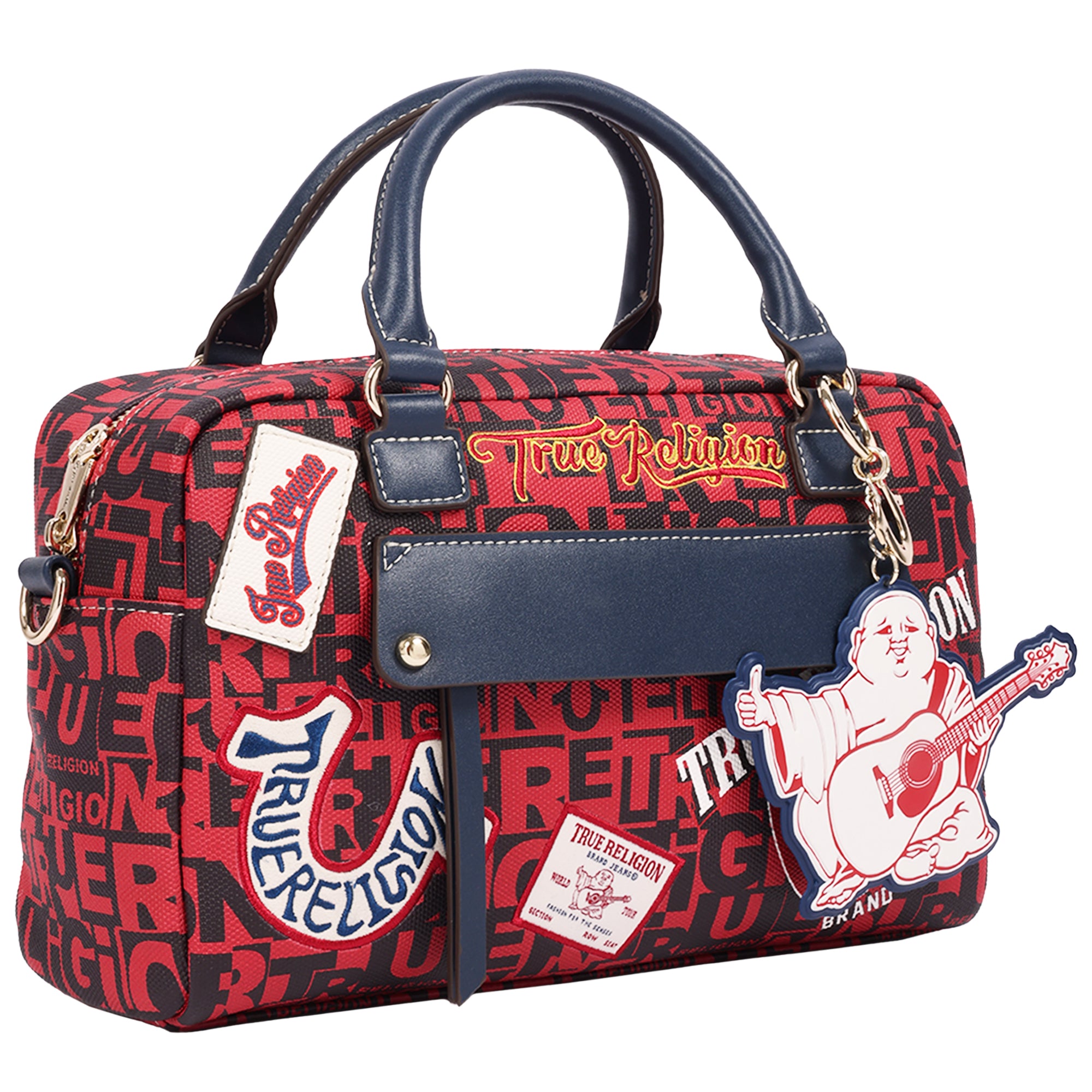 True Religion Multi Patch Graphic Satchel Bag with Detachable Guitar Buddha Charm – Convertible Crossbody Handbag