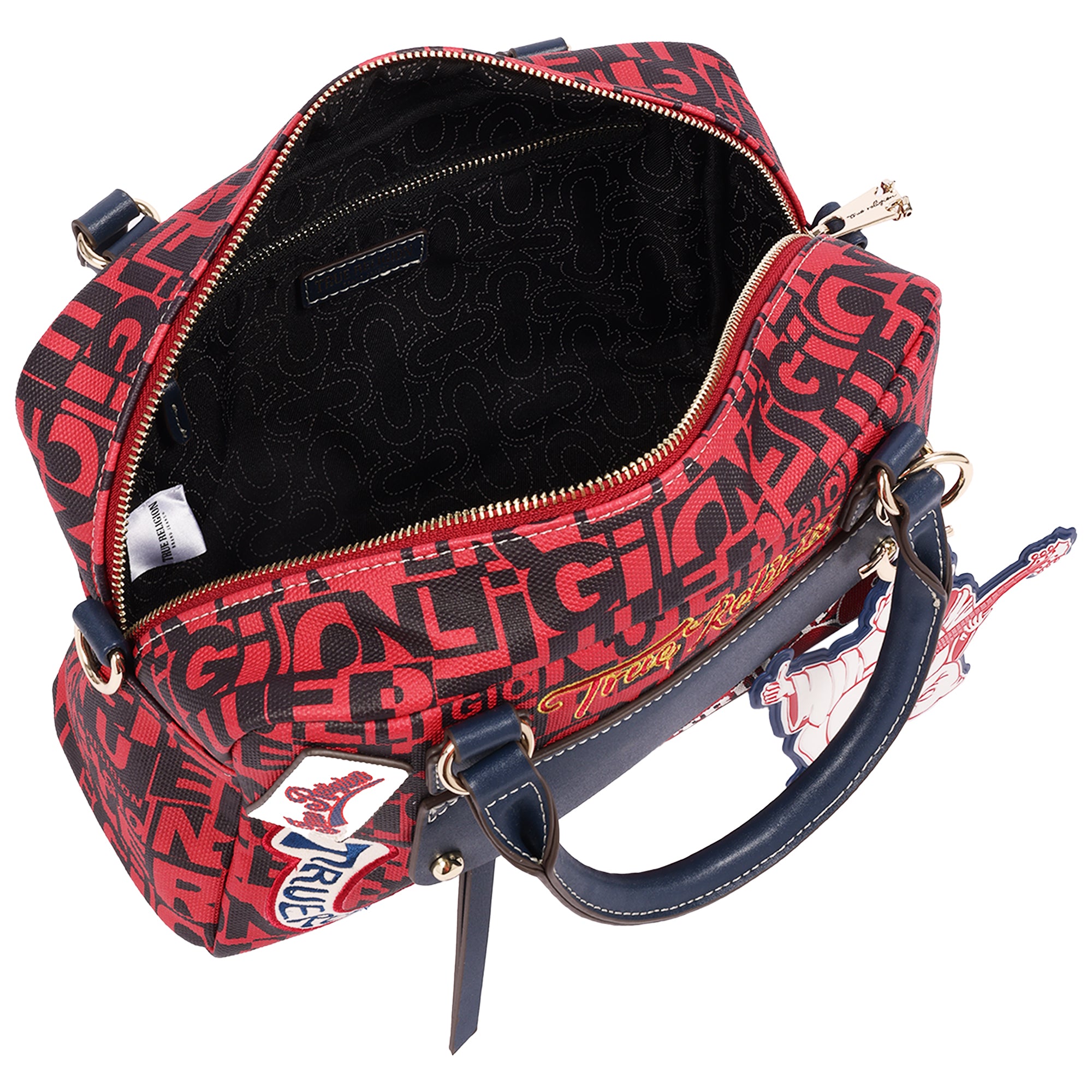 True Religion Multi Patch Graphic Satchel Bag with Detachable Guitar Buddha Charm – Convertible Crossbody Handbag