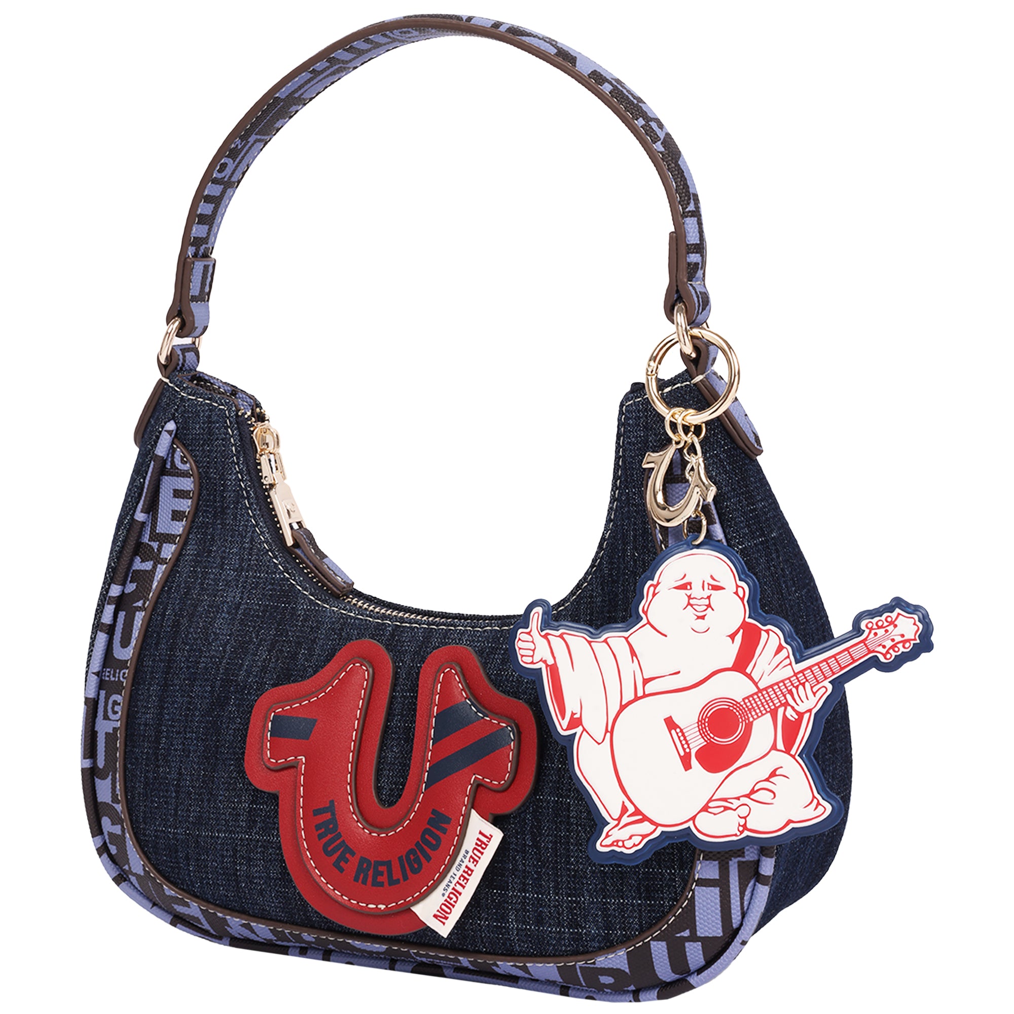 True Religion Graphic Trim Denim Hobo Bag with Buddha Charm