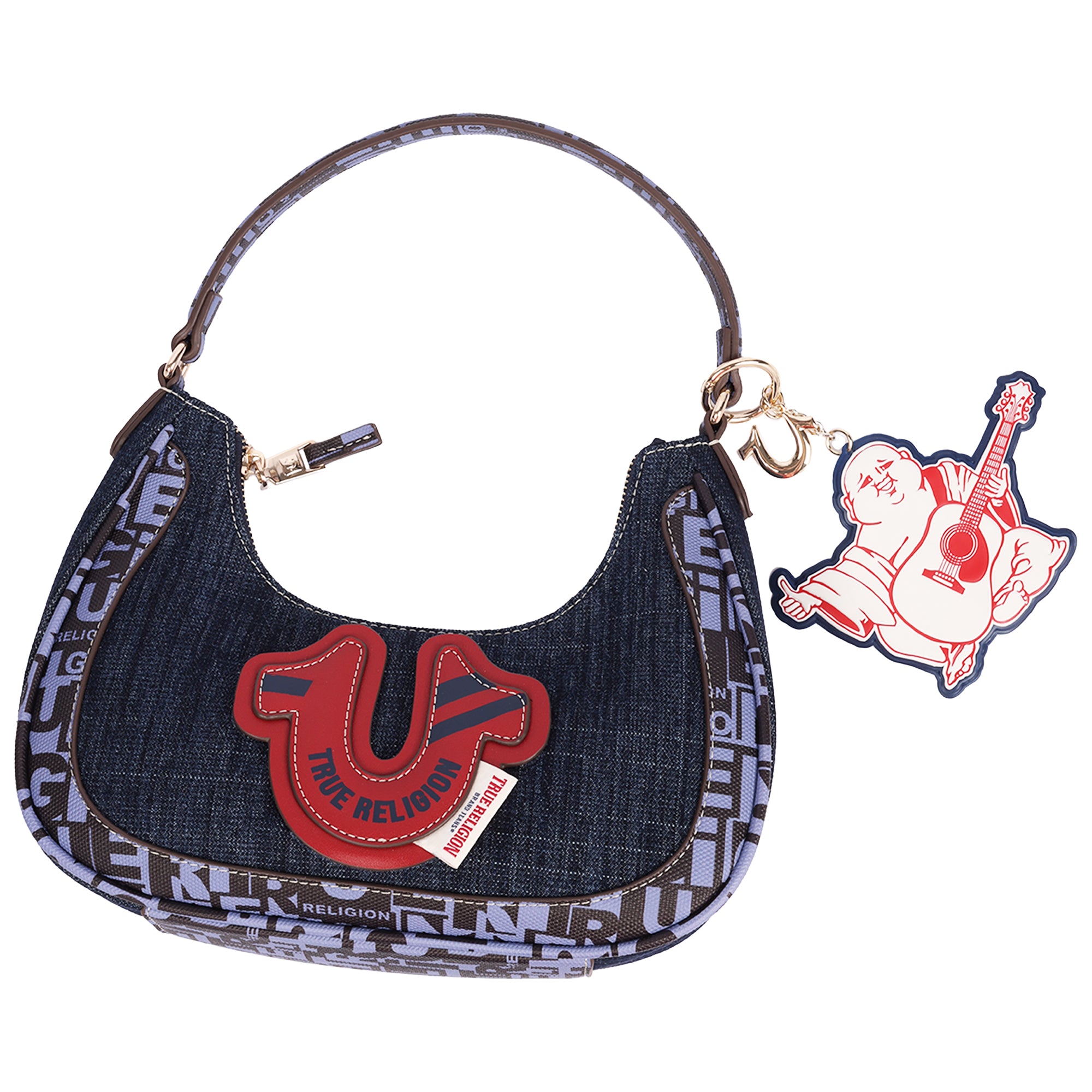 True Religion Graphic Trim Denim Hobo Bag with Buddha Charm