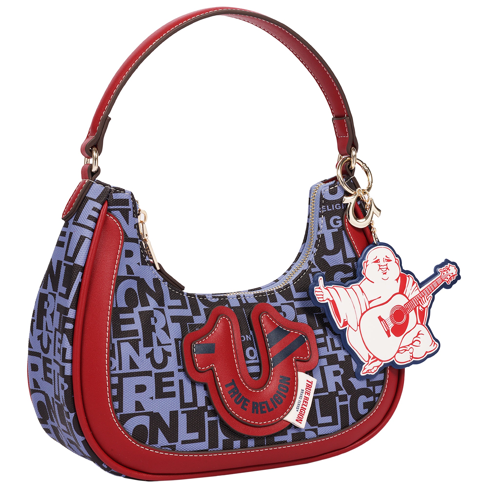 True Religion Graphic Horseshoe Hobo Bag with Buddha Charm and Logo Print