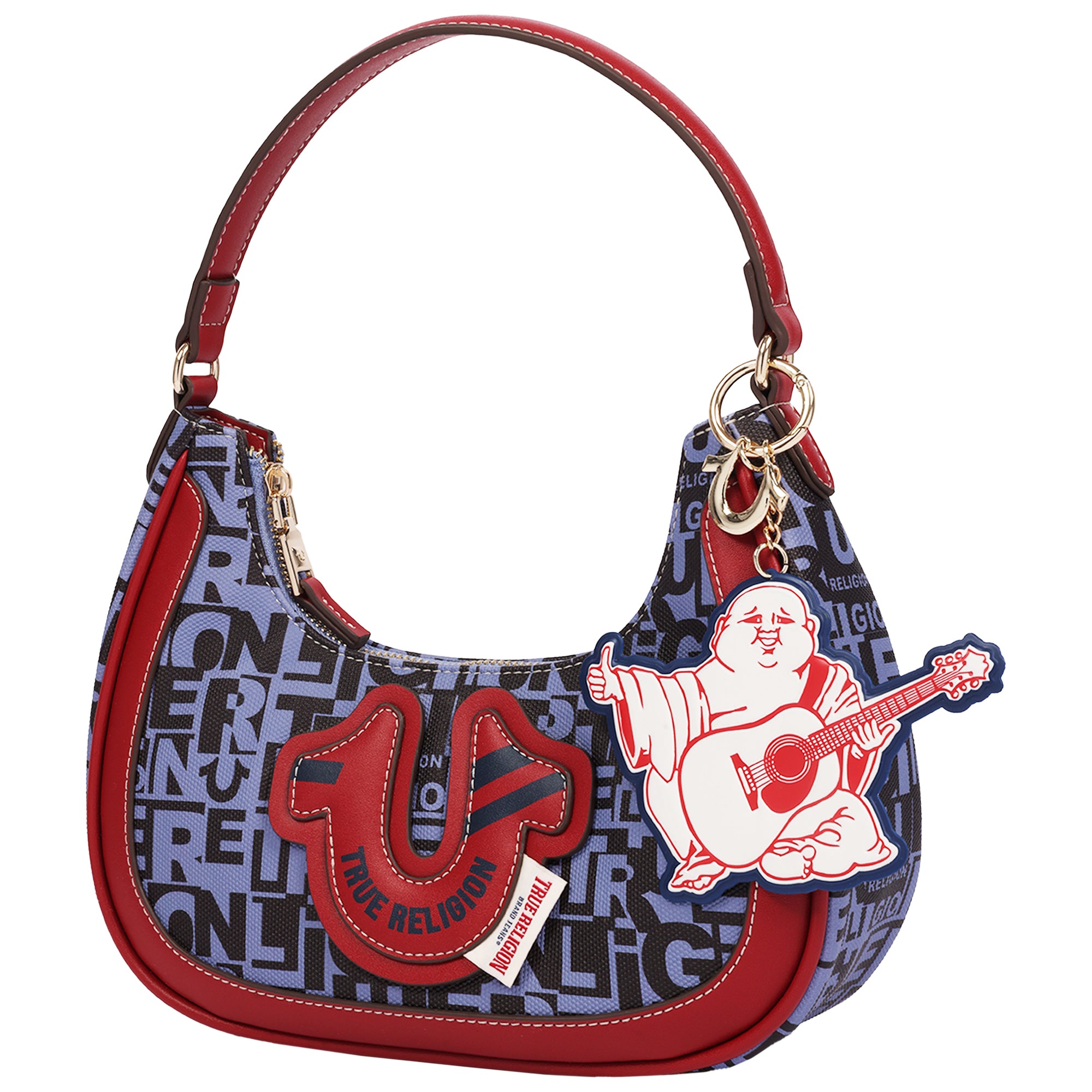 True Religion Graphic Horseshoe Hobo Bag with Buddha Charm and Logo Print
