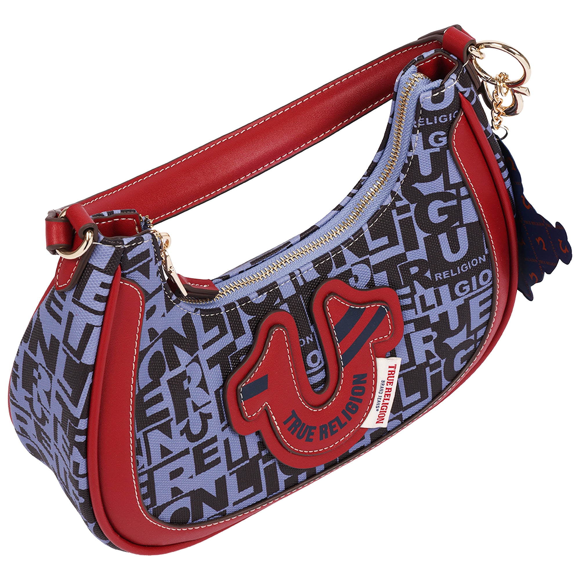 True Religion Graphic Horseshoe Hobo Bag with Buddha Charm and Logo Print