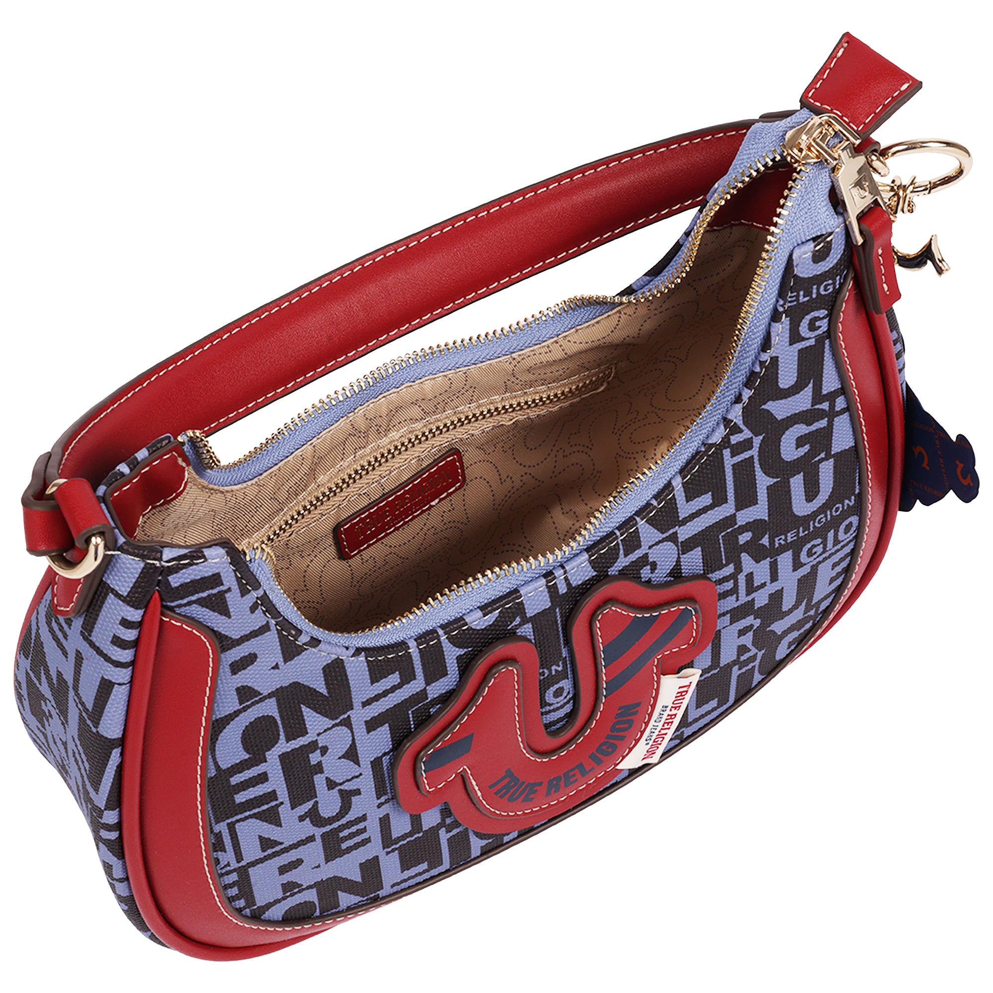 True Religion Graphic Horseshoe Hobo Bag with Buddha Charm and Logo Print