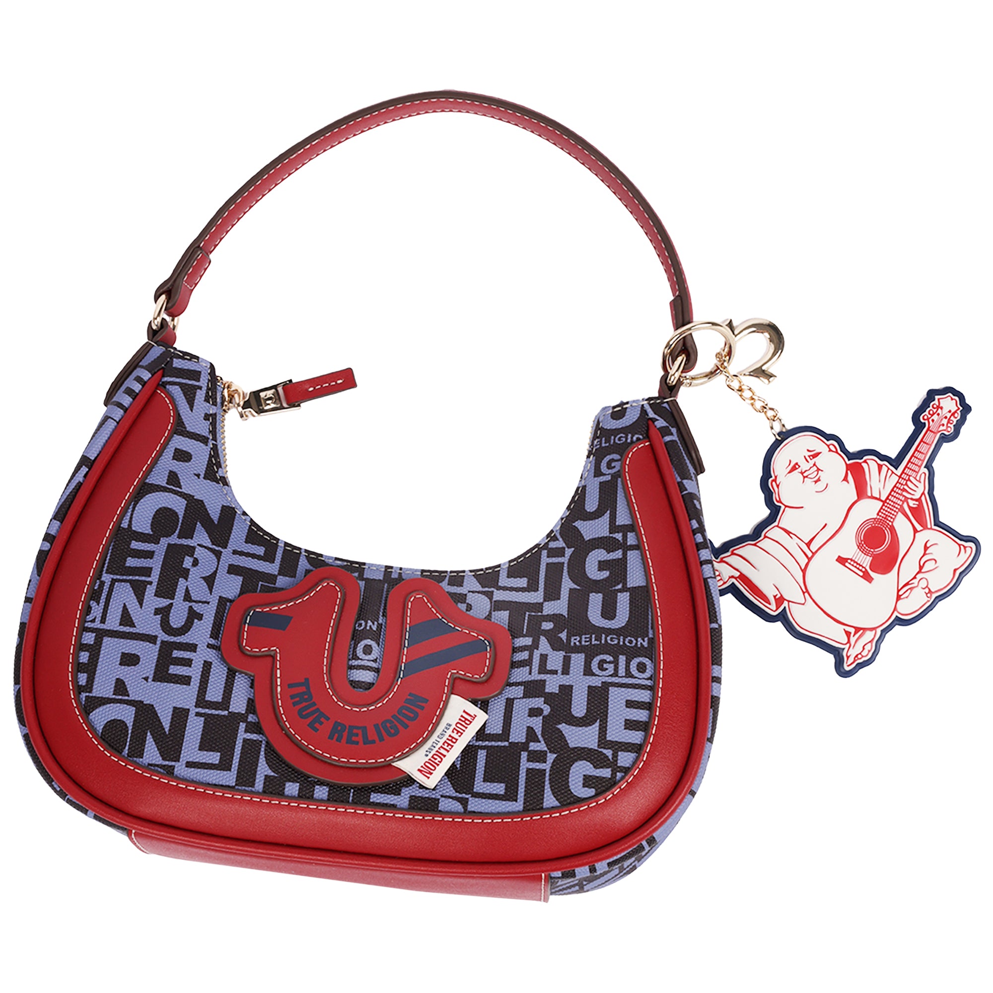 True Religion Graphic Horseshoe Hobo Bag with Buddha Charm and Logo Print