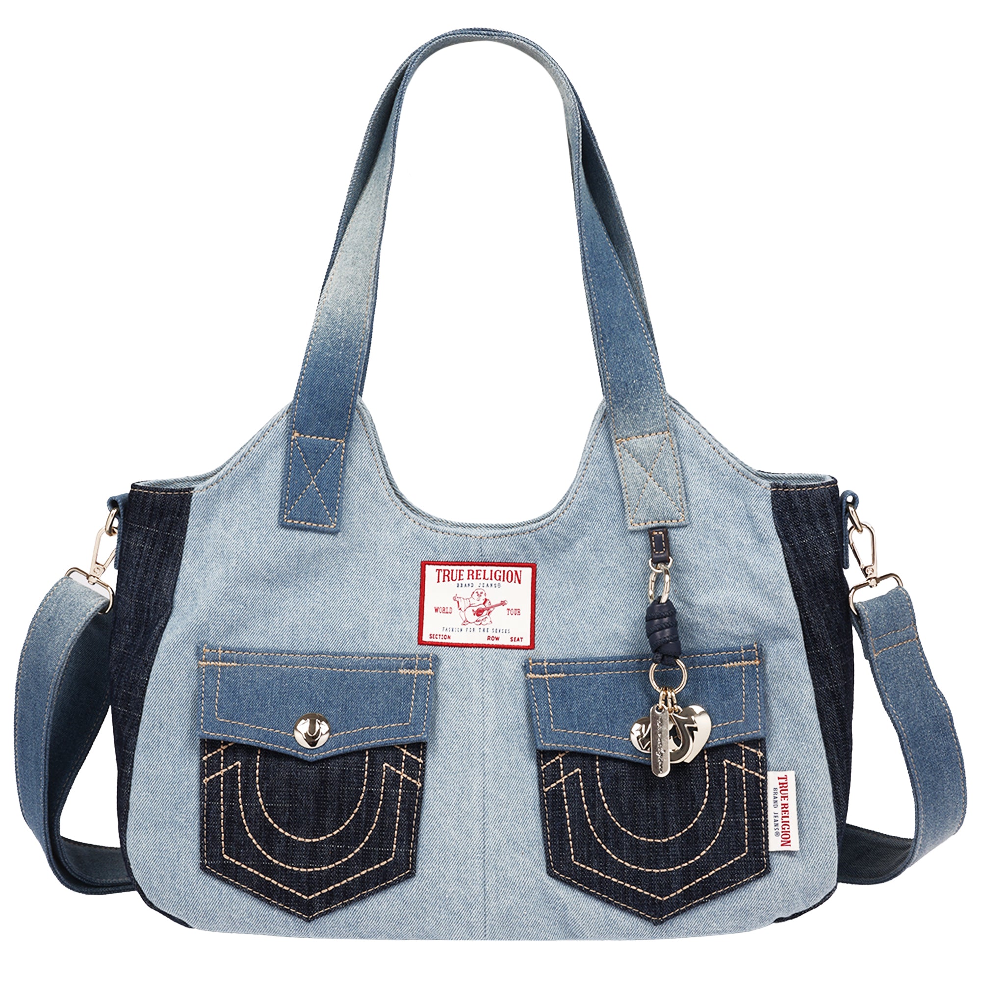 True Religion Color Block Denim Soft Satchel with Detachable Crossbody Strap