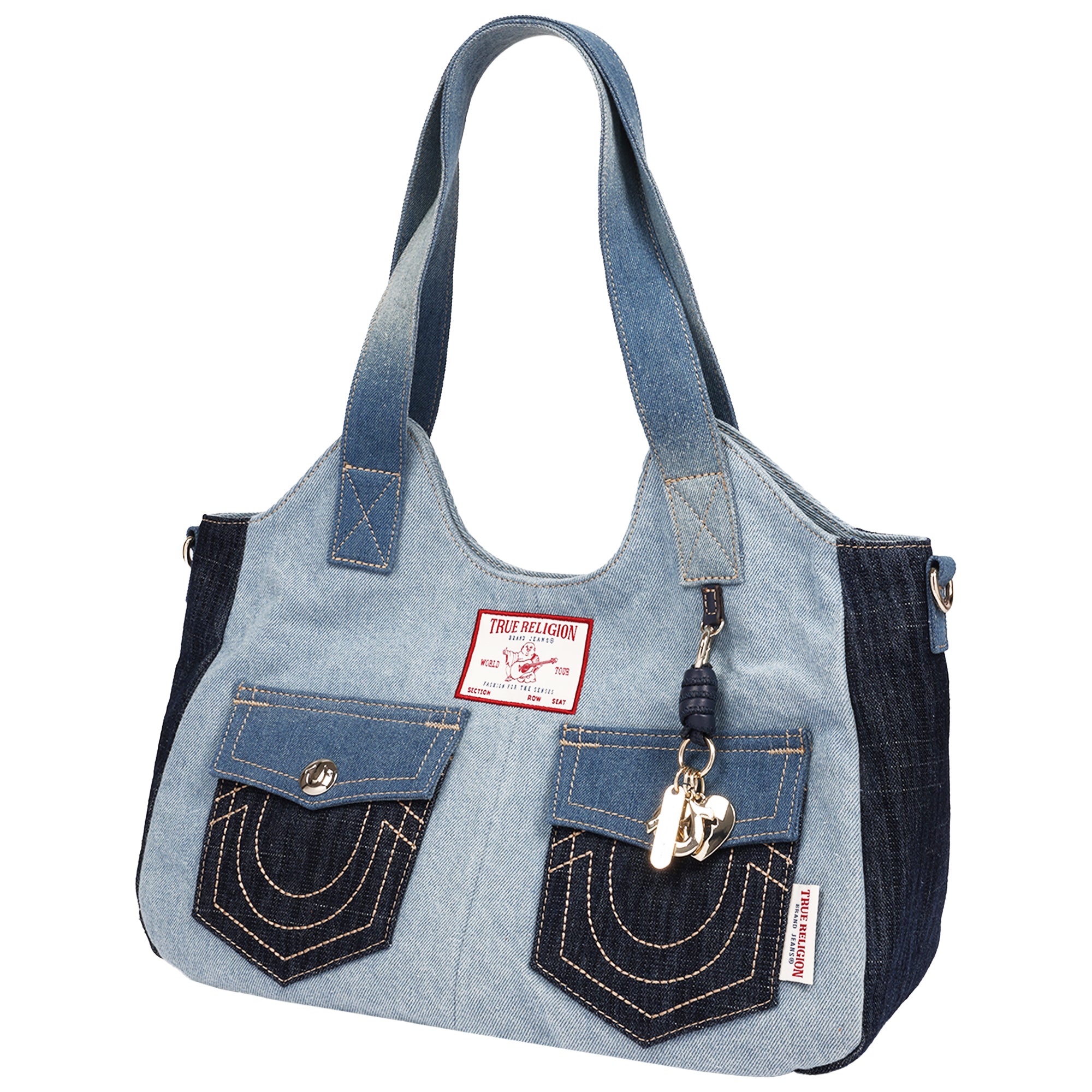 True Religion Color Block Denim Soft Satchel with Detachable Crossbody Strap