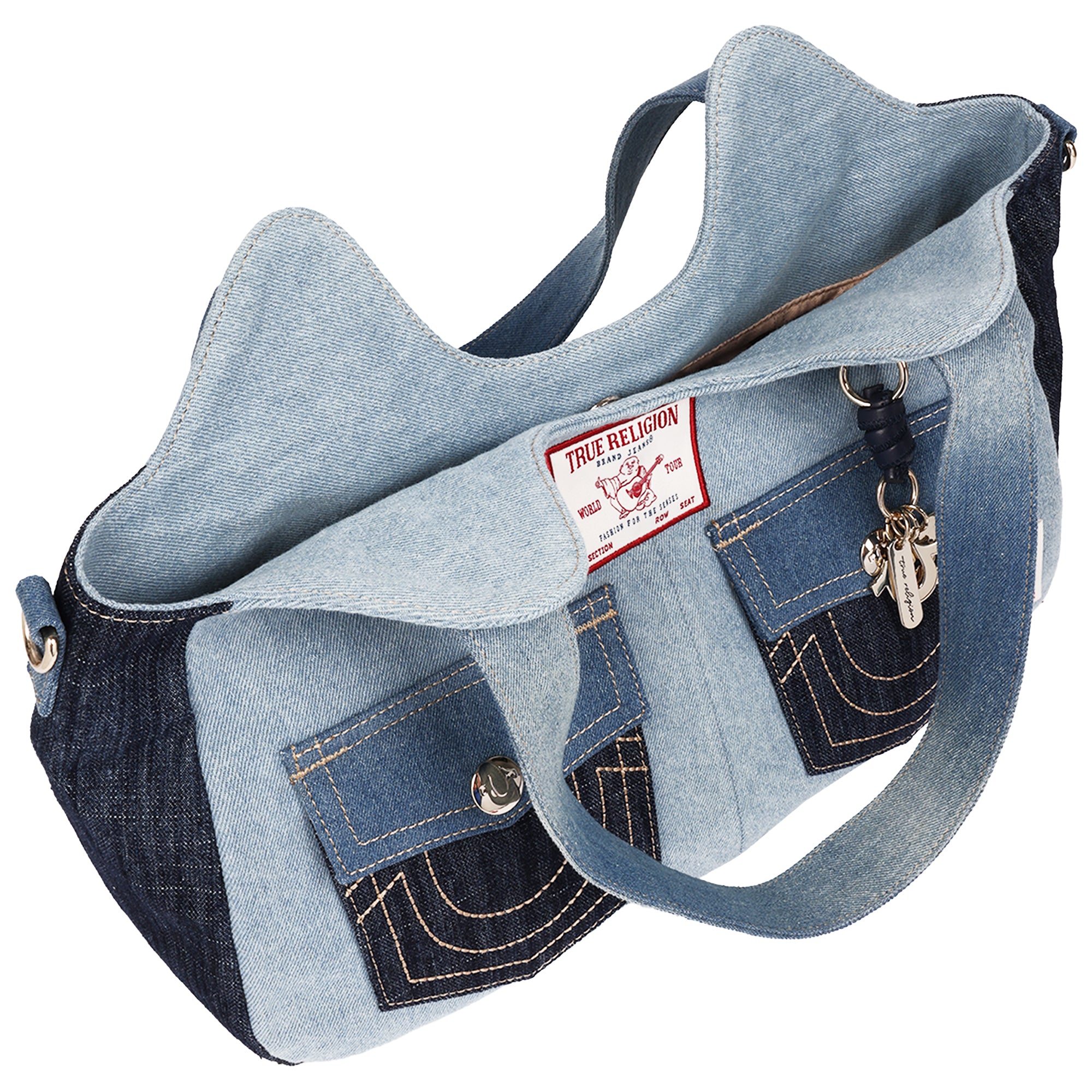 True Religion Color Block Denim Soft Satchel with Detachable Crossbody Strap