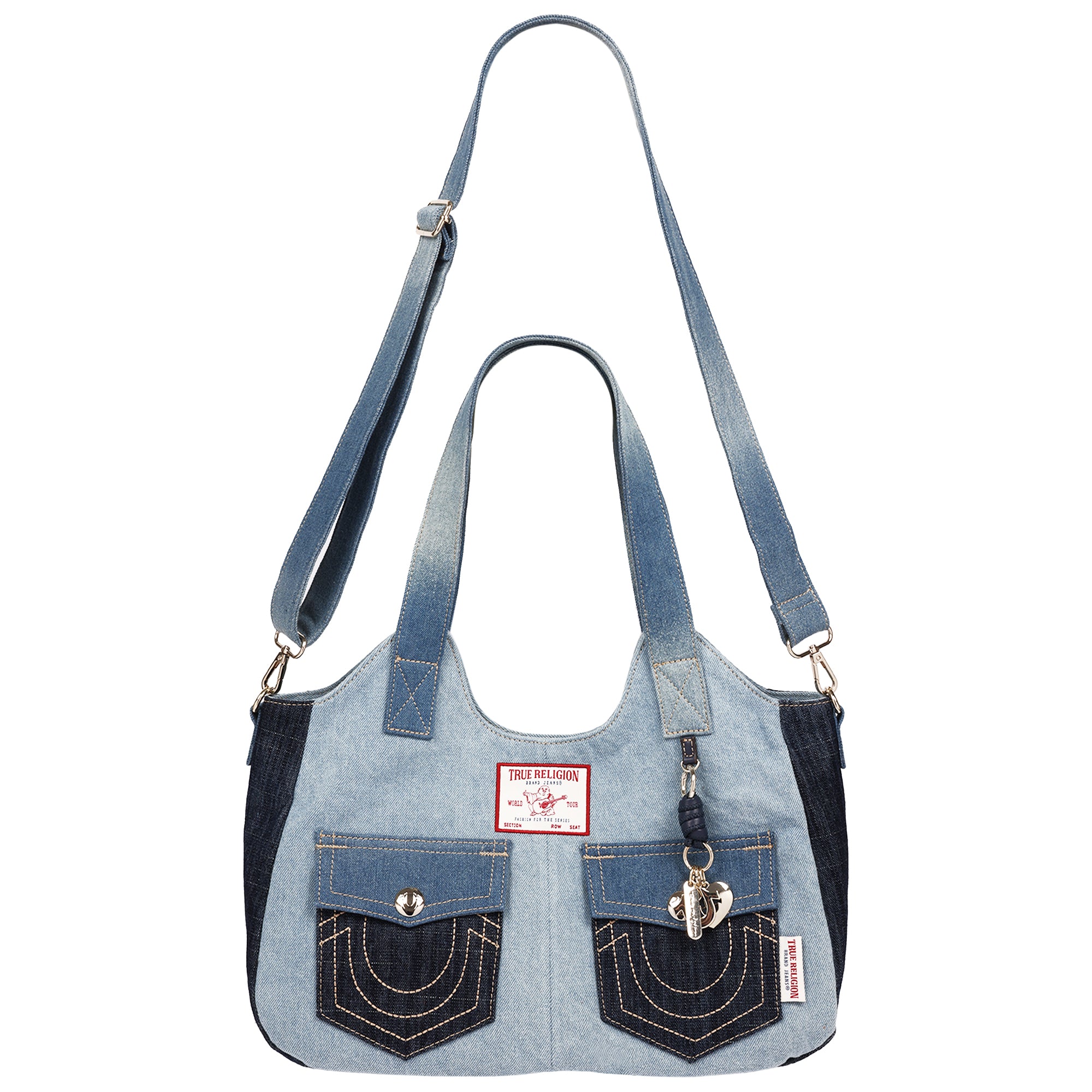 True Religion Color Block Denim Soft Satchel with Detachable Crossbody Strap